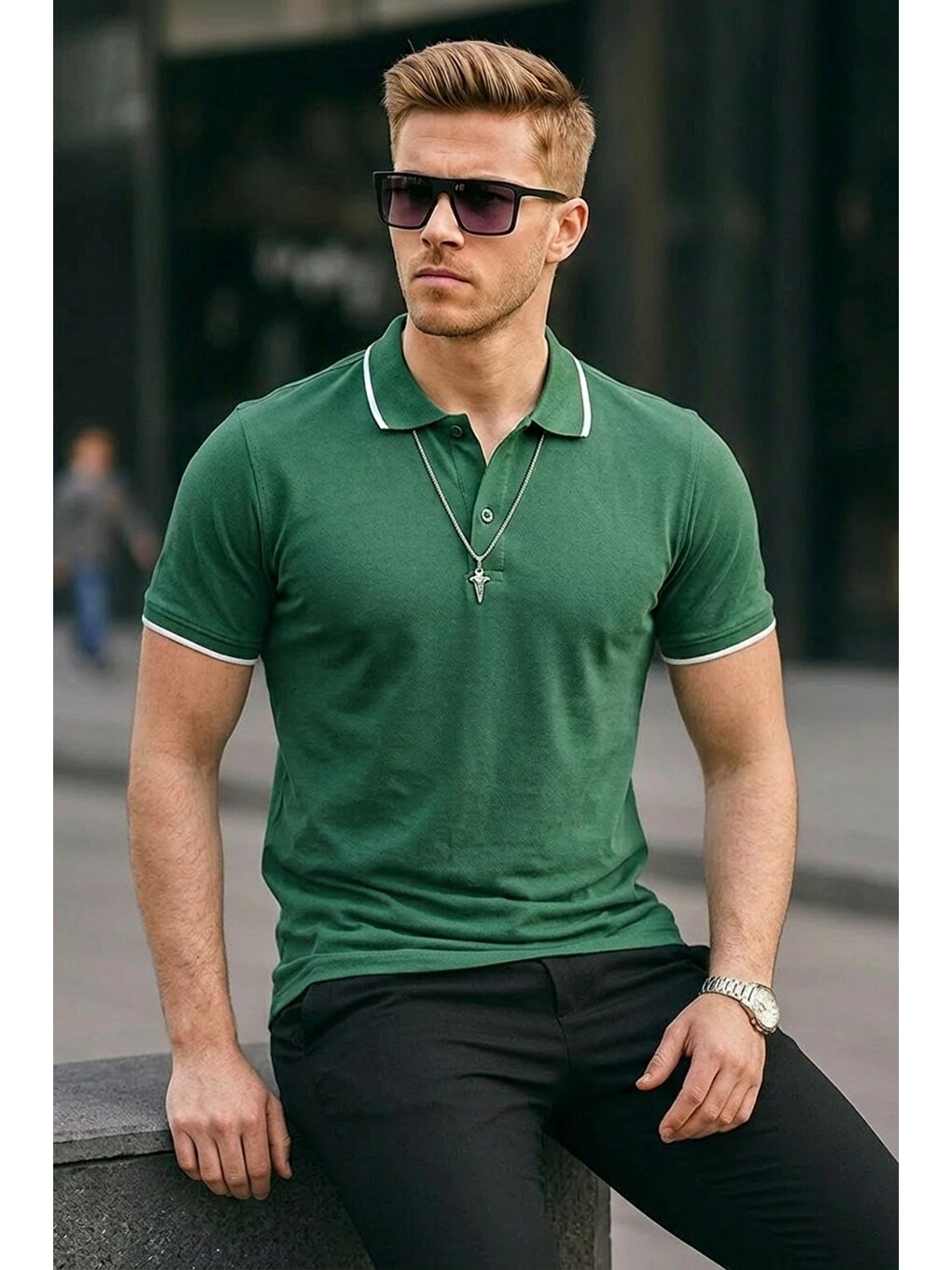 Erkek Düğmeli Pamuklu Yeşil Polo Yaka Tişört-1