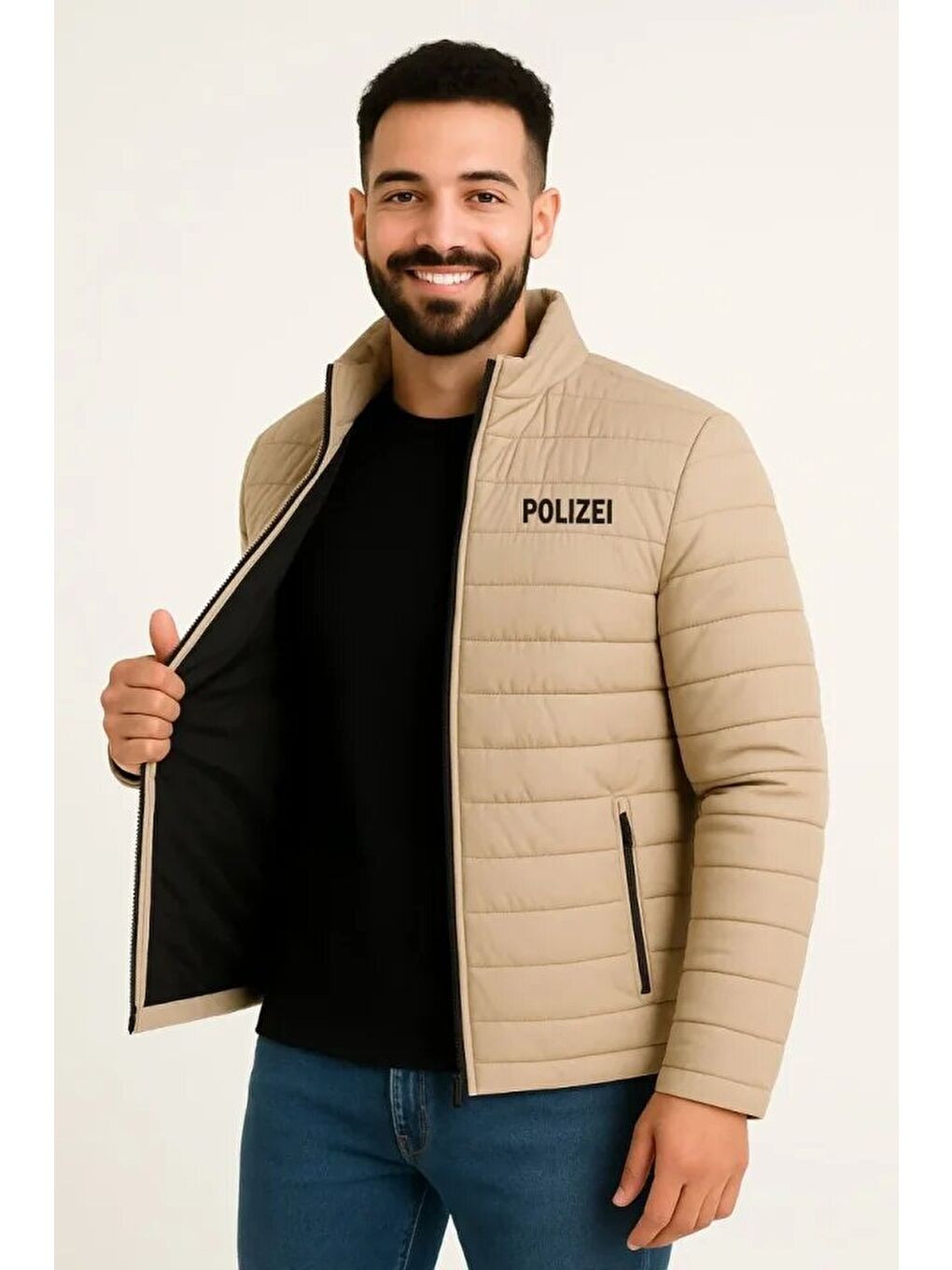 Erkek Mikro Su İtici Kapitone Baskılı Astarlı Fermuarlı Bomber Mont - Bej