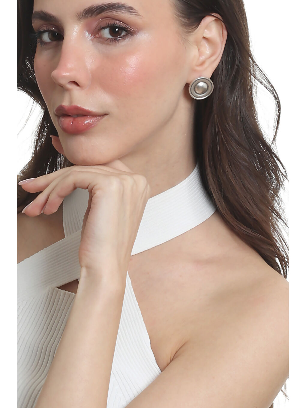 Gri Kadın Antik Gümüş Kaplama Çivili Model Düğme Küpe-1