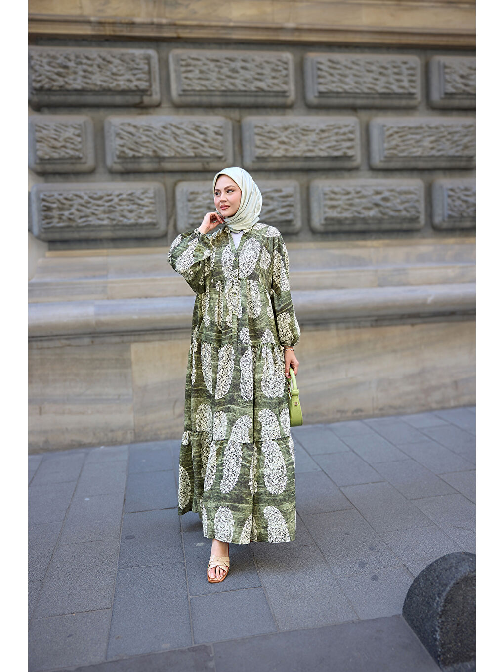 Kadın Bohem Desenli Elbise Haki Yeşil