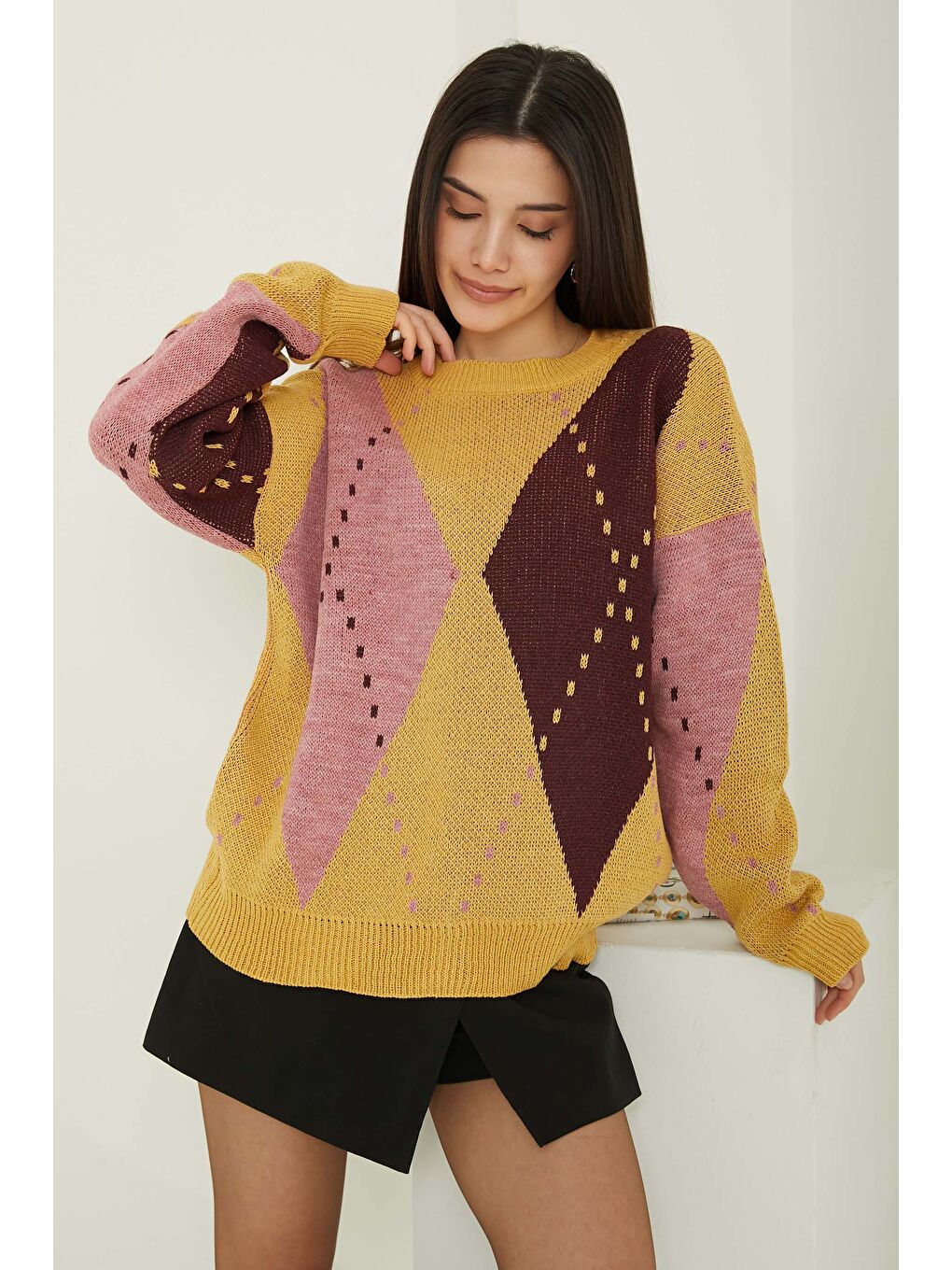 Baklava Desen Triko Kazak Açik Pembe - 27671-3