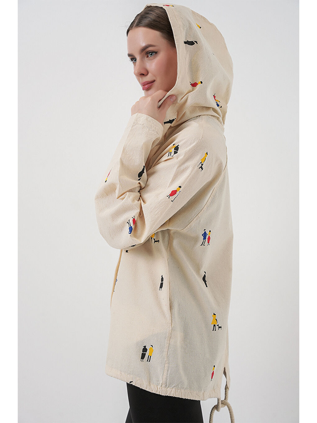 Kadın Kapüşonlu Desenli Keten Ceket 0736 - Ekru-4