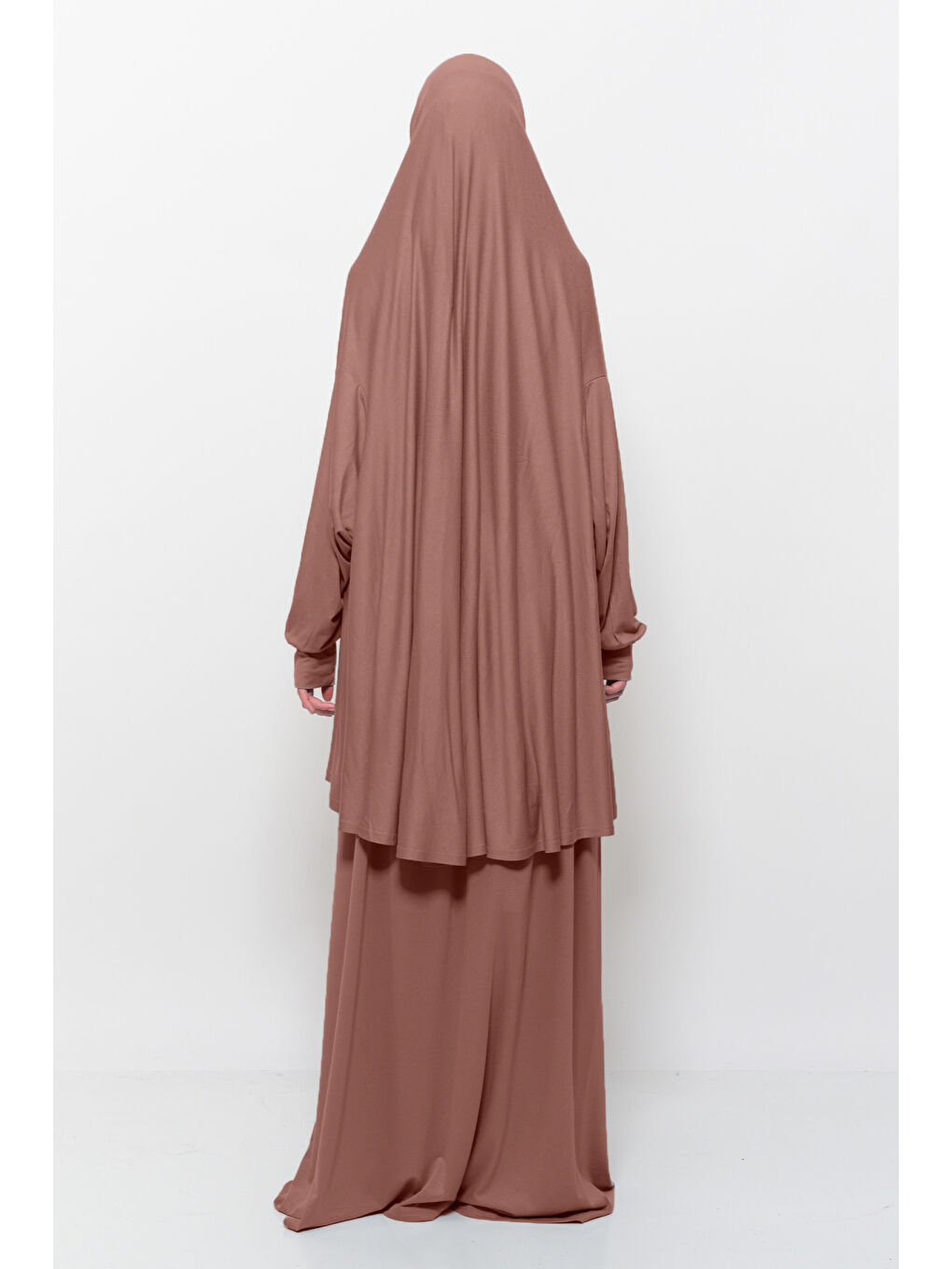Kahverengi İki Parça Pamuklu Yarasa Kollu Başörtülü Organik Terletmez  Elbise-1