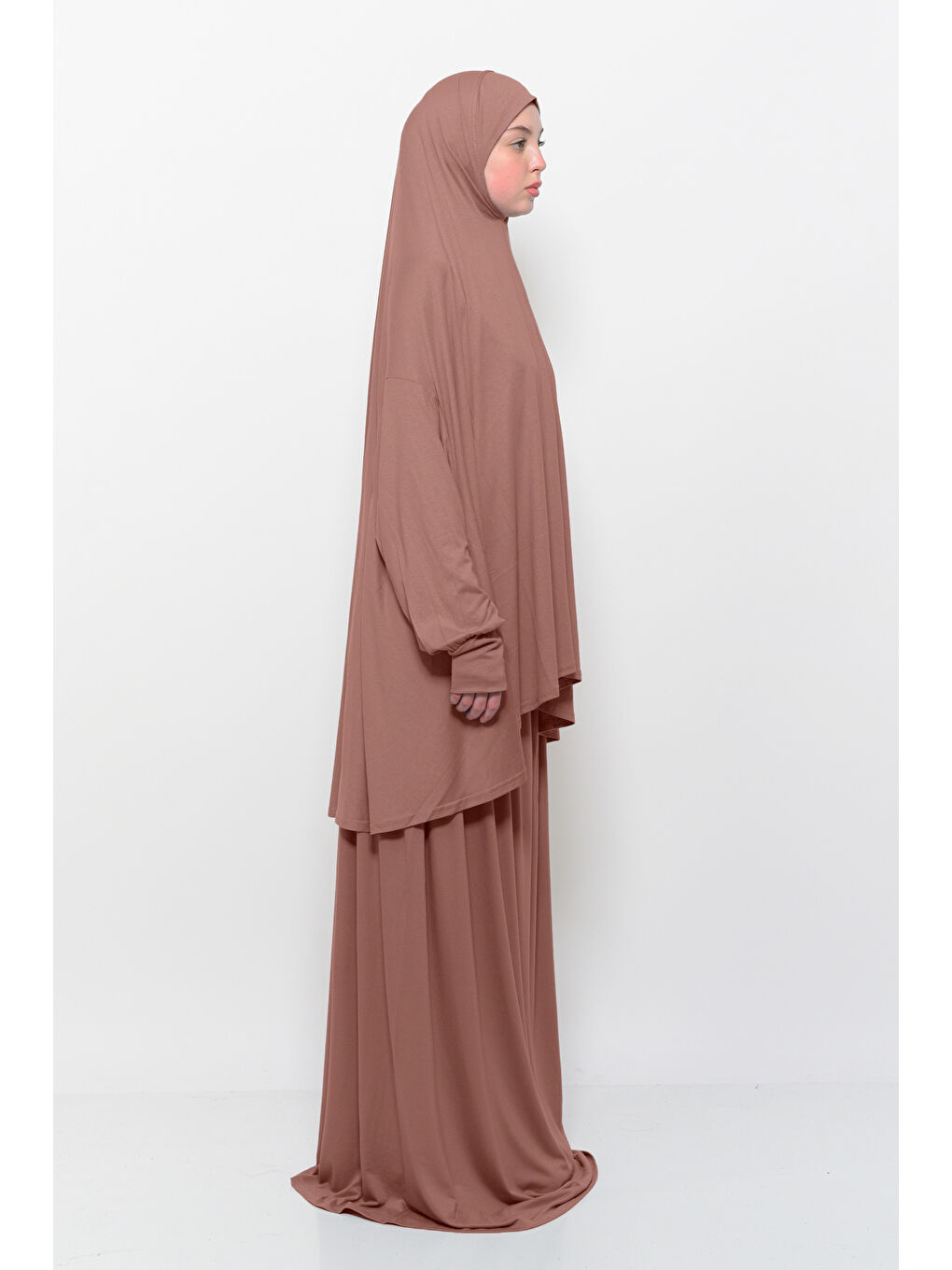 Kahverengi İki Parça Pamuklu Yarasa Kollu Başörtülü Organik Terletmez  Elbise-2