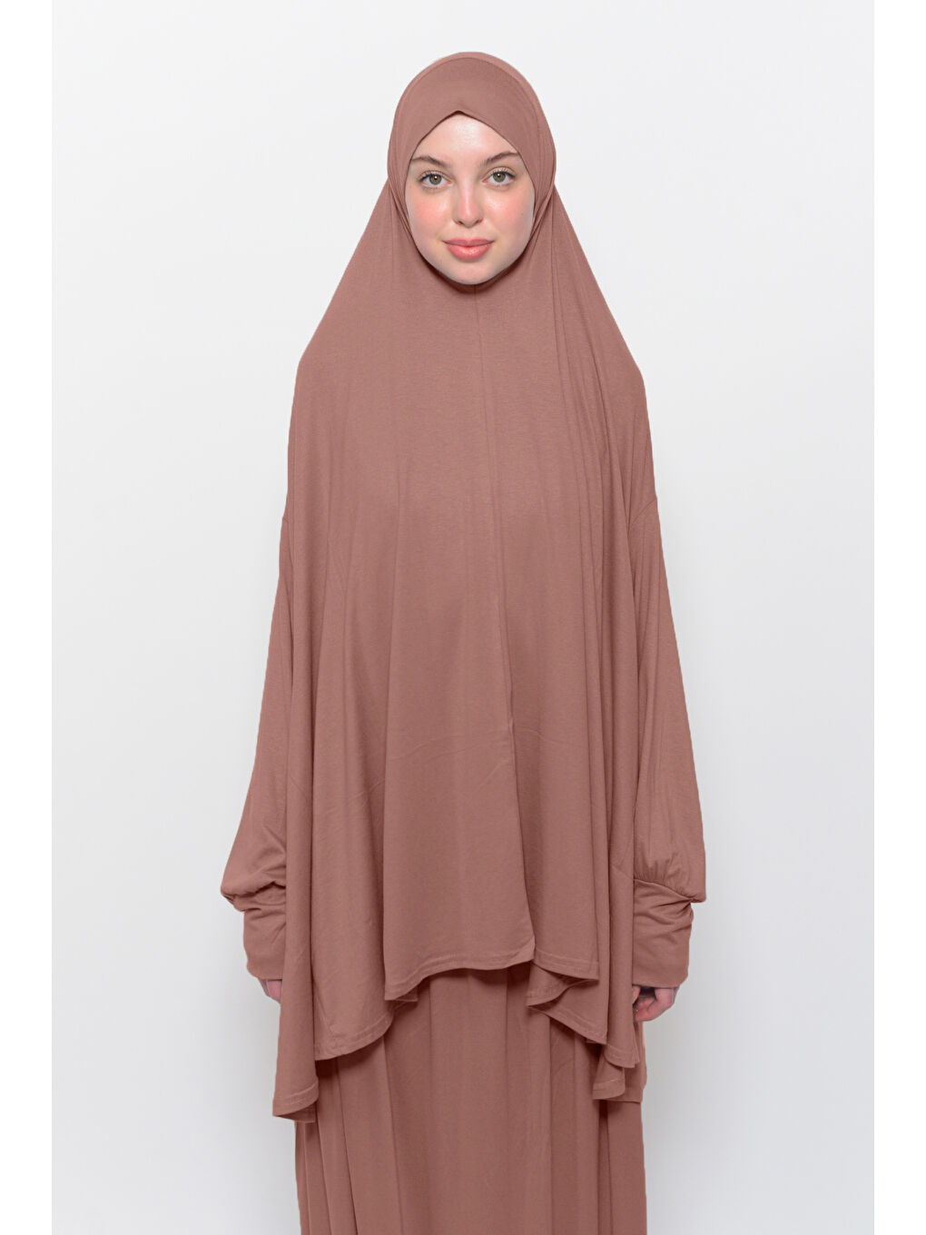 Kahverengi İki Parça Pamuklu Yarasa Kollu Başörtülü Organik Terletmez  Elbise-3
