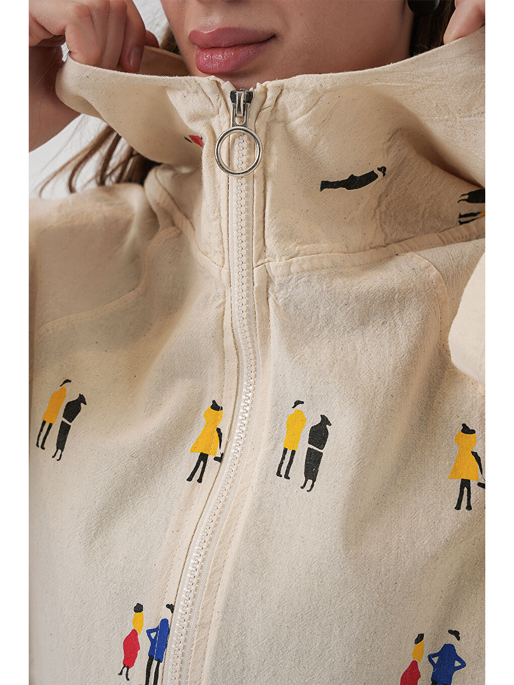 Kadın Kapüşonlu Desenli Keten Ceket 0736 - Ekru-5