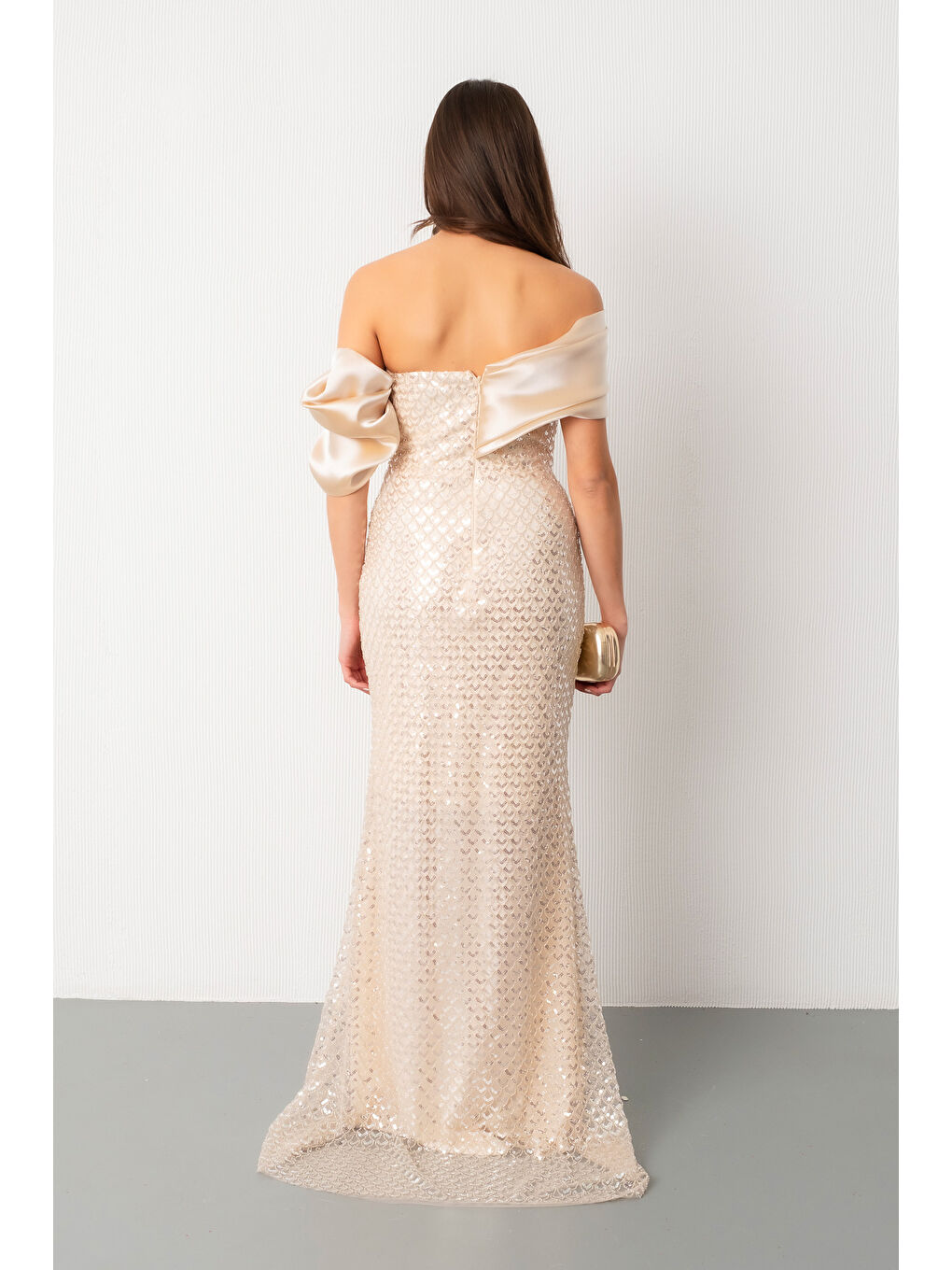 Kadın Bej Yaka Detay Boncuklu Uzun Abiye Elbise-5