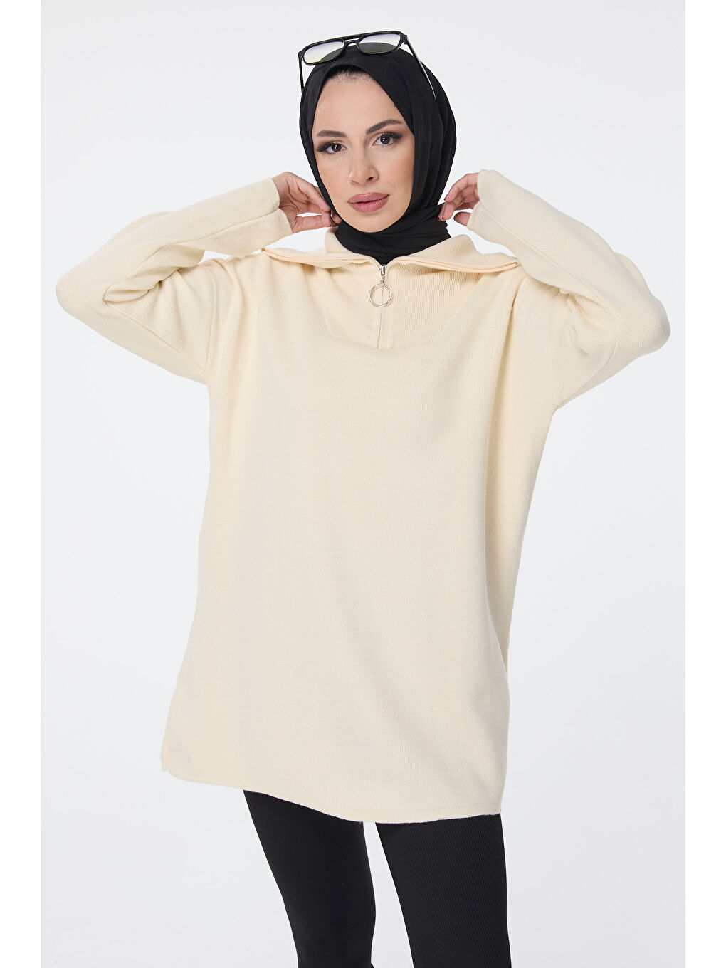 Ekru Fermuarlı Triko Uzun Kazak Krem - 27627-1