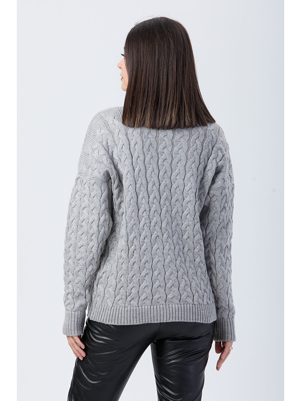 Örgülü Triko Hırka Gri - 27657-5