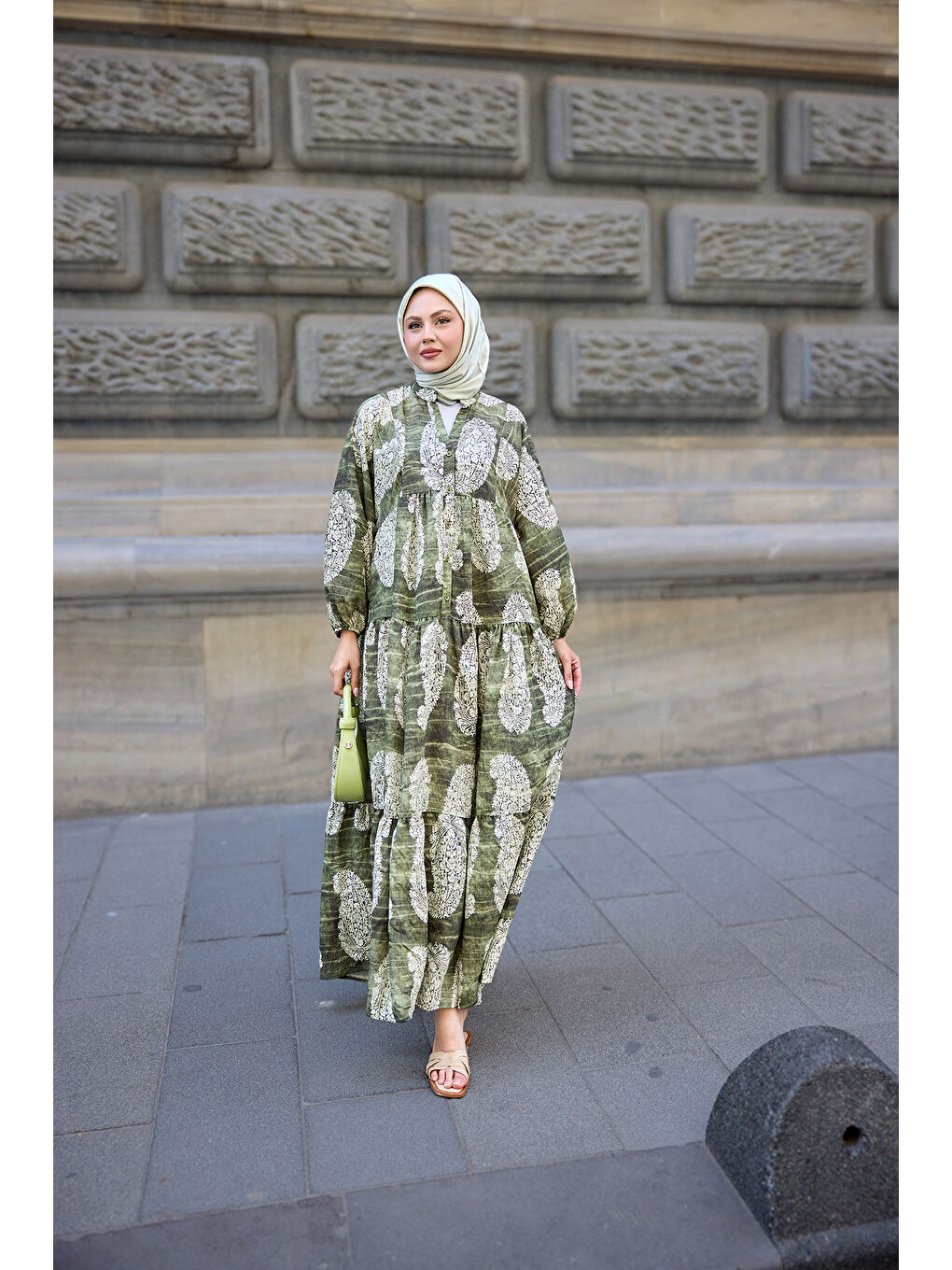 Kadın Bohem Desenli Elbise Haki Yeşil-1
