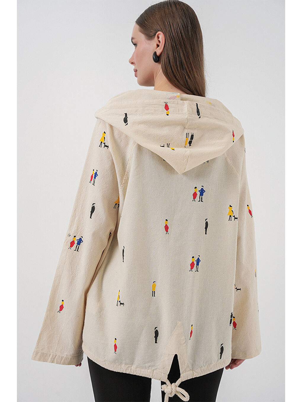 Kadın Kapüşonlu Desenli Keten Ceket 0736 - Ekru-6