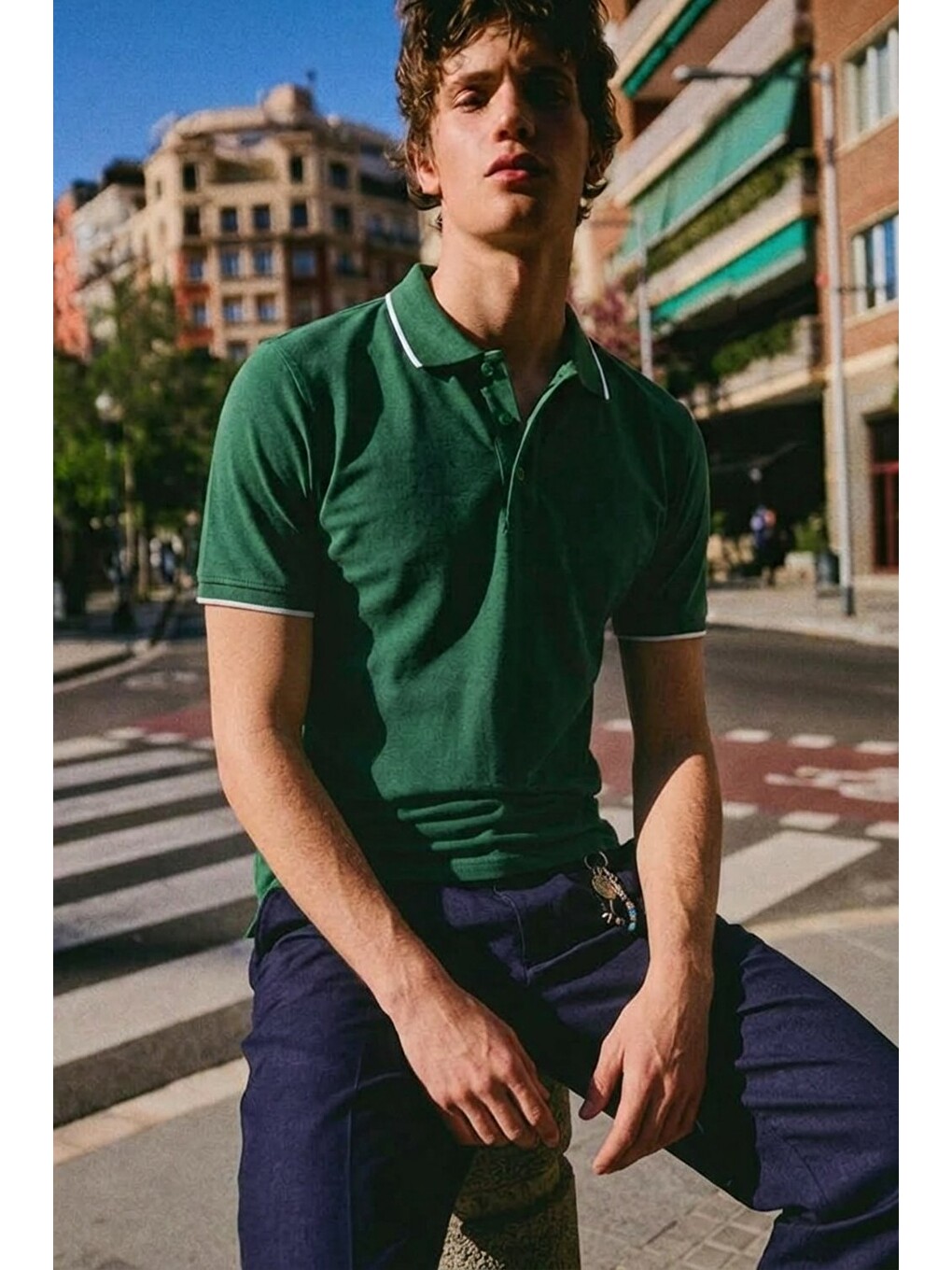 Erkek Düğmeli Fashion Yeşil Polo Yaka Tişört-1