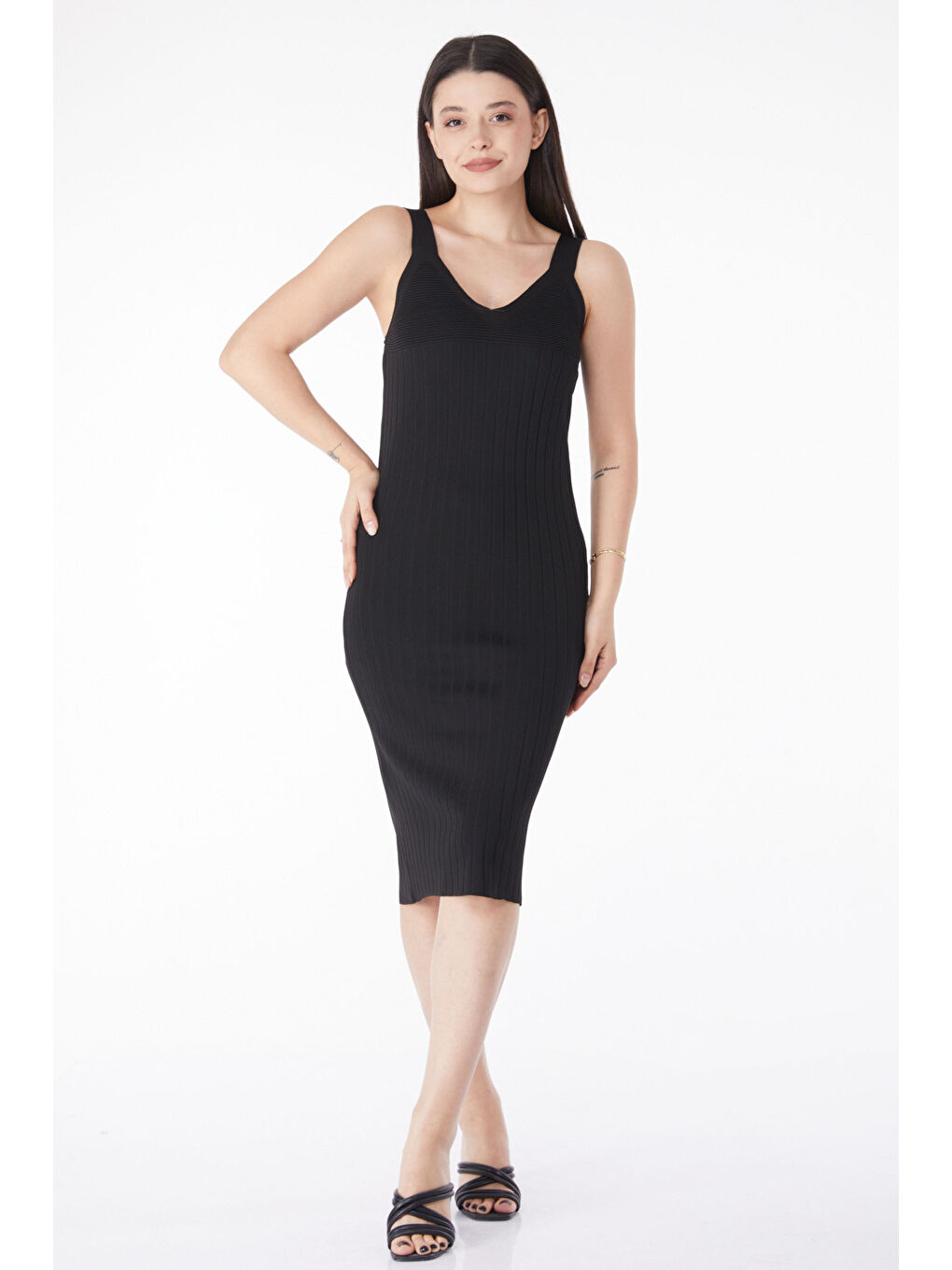 Askılı Midi Triko Elbise Siyah - 27650-2