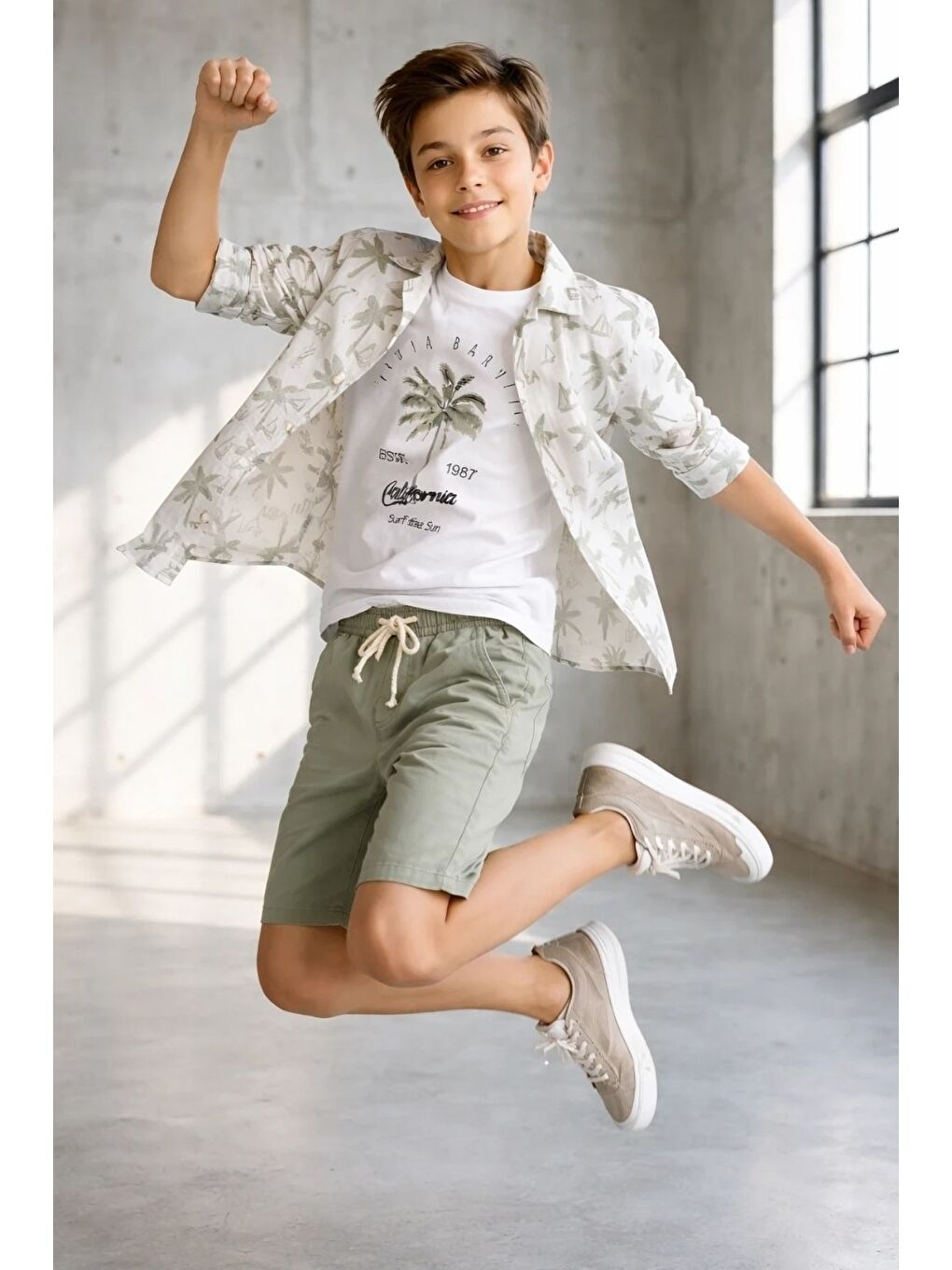Yeşil Erkek Çocuk Kısa Kol Desenli Gömlek Tişört Şort Üçlü Takım-1