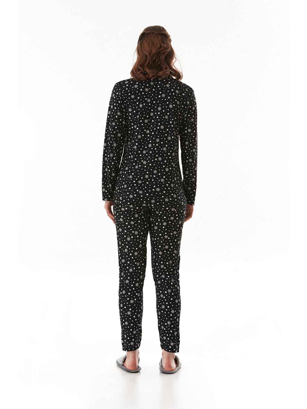 Beyaz Ayıcık Desenli Gömlek Yaka Süet Pijama Takımı-2
