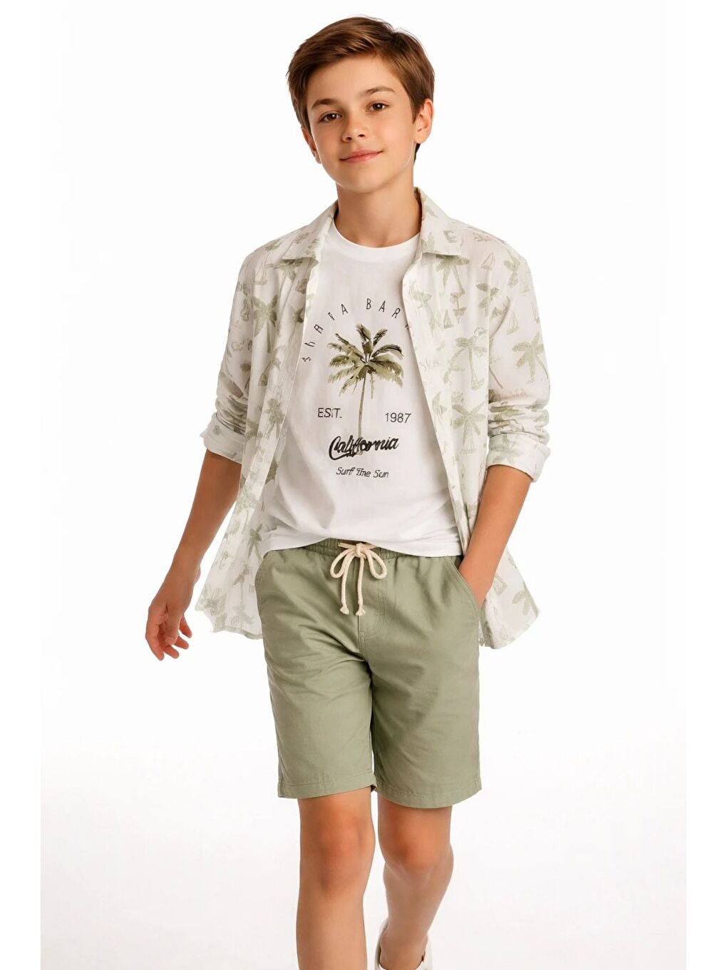 Yeşil Erkek Çocuk Kısa Kol Desenli Gömlek Tişört Şort Üçlü Takım-2