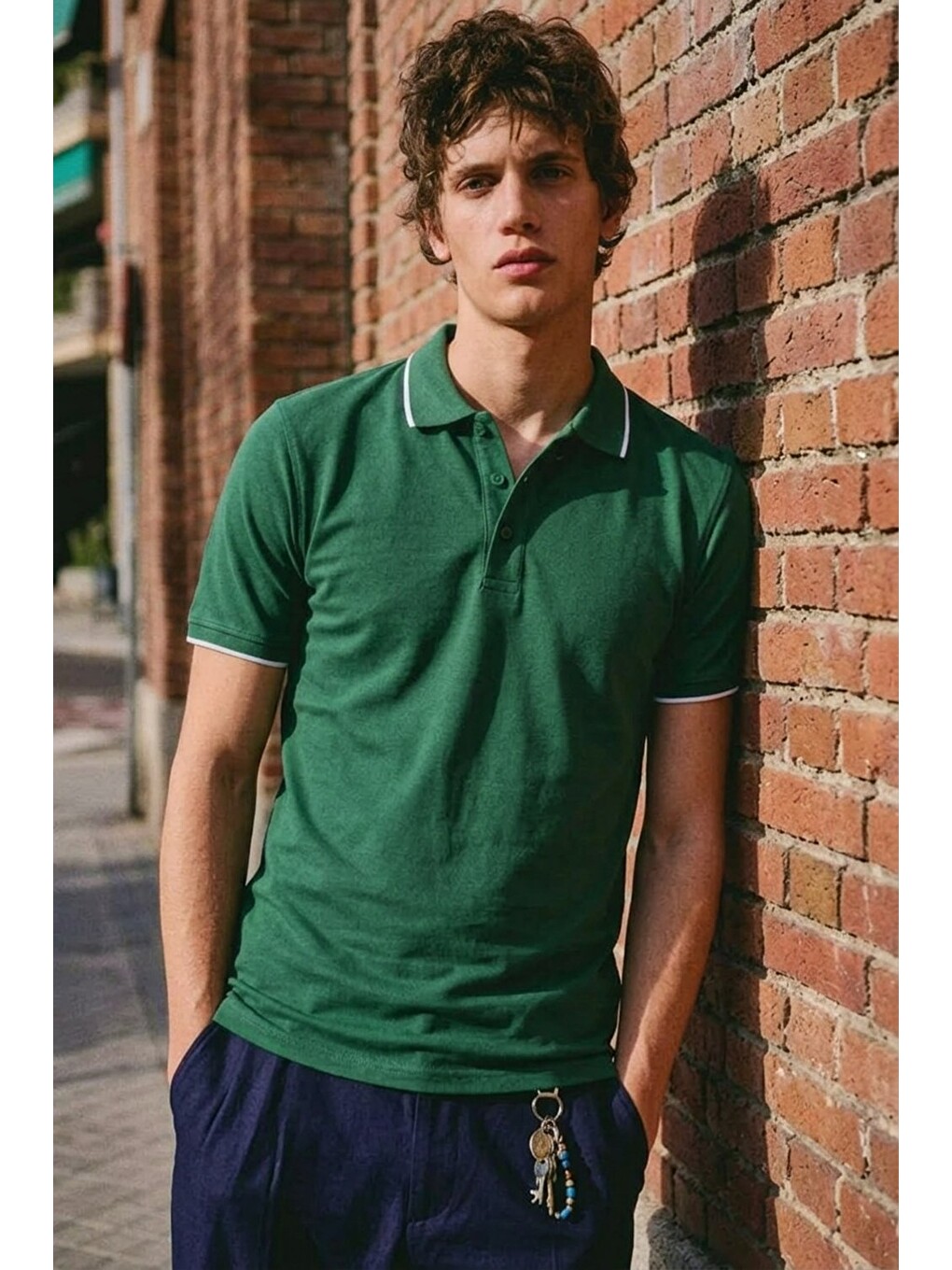 Erkek Düğmeli Fashion Yeşil Polo Yaka Tişört-3