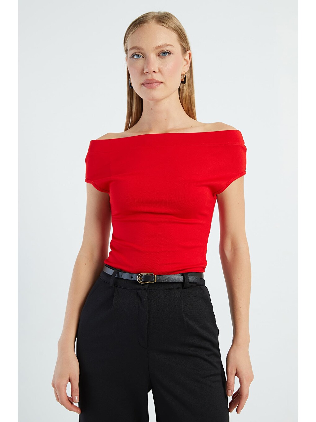 Kırmızı Basic Madonna Yaka Slim Fit Bluz-1