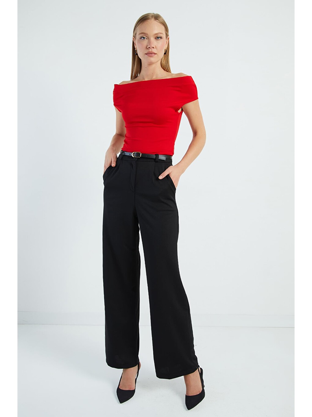 Kırmızı Basic Madonna Yaka Slim Fit Bluz-2