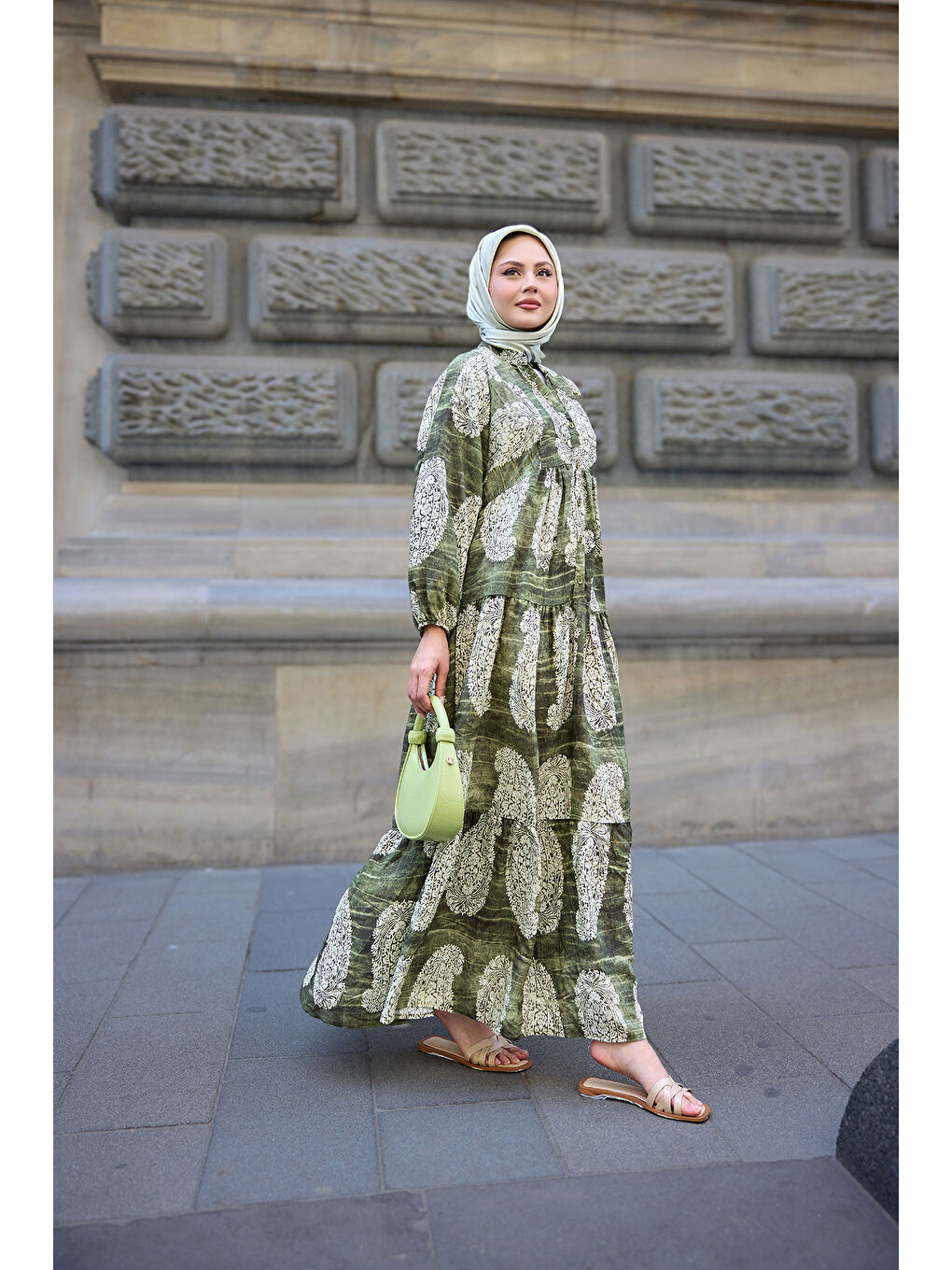 Kadın Bohem Desenli Elbise Haki Yeşil-2