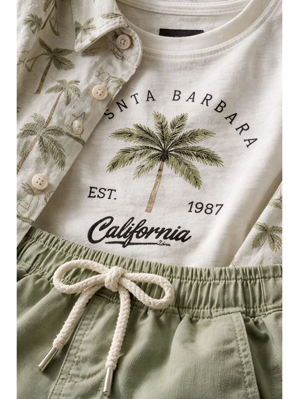 Yeşil Erkek Çocuk Kısa Kol Desenli Gömlek Tişört Şort Üçlü Takım-4