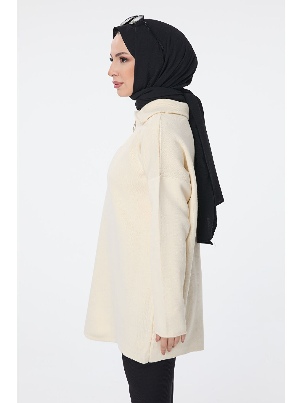 Ekru Fermuarlı Triko Uzun Kazak Krem - 27627-2