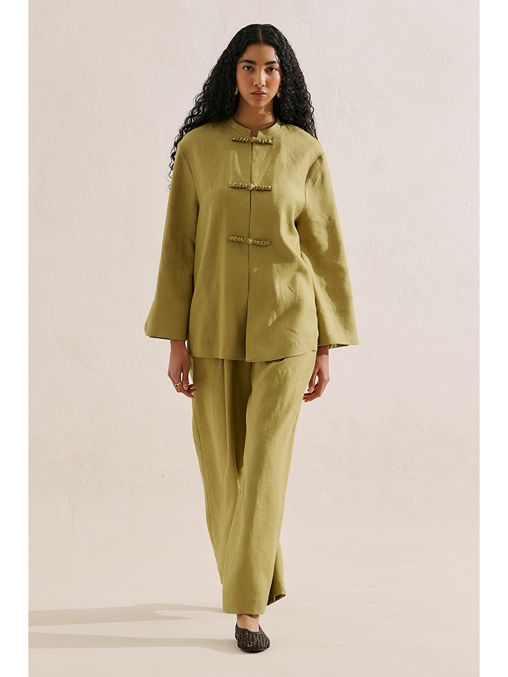 Keten Tasarım Bağlamalı Ceket Yağ Yeşili