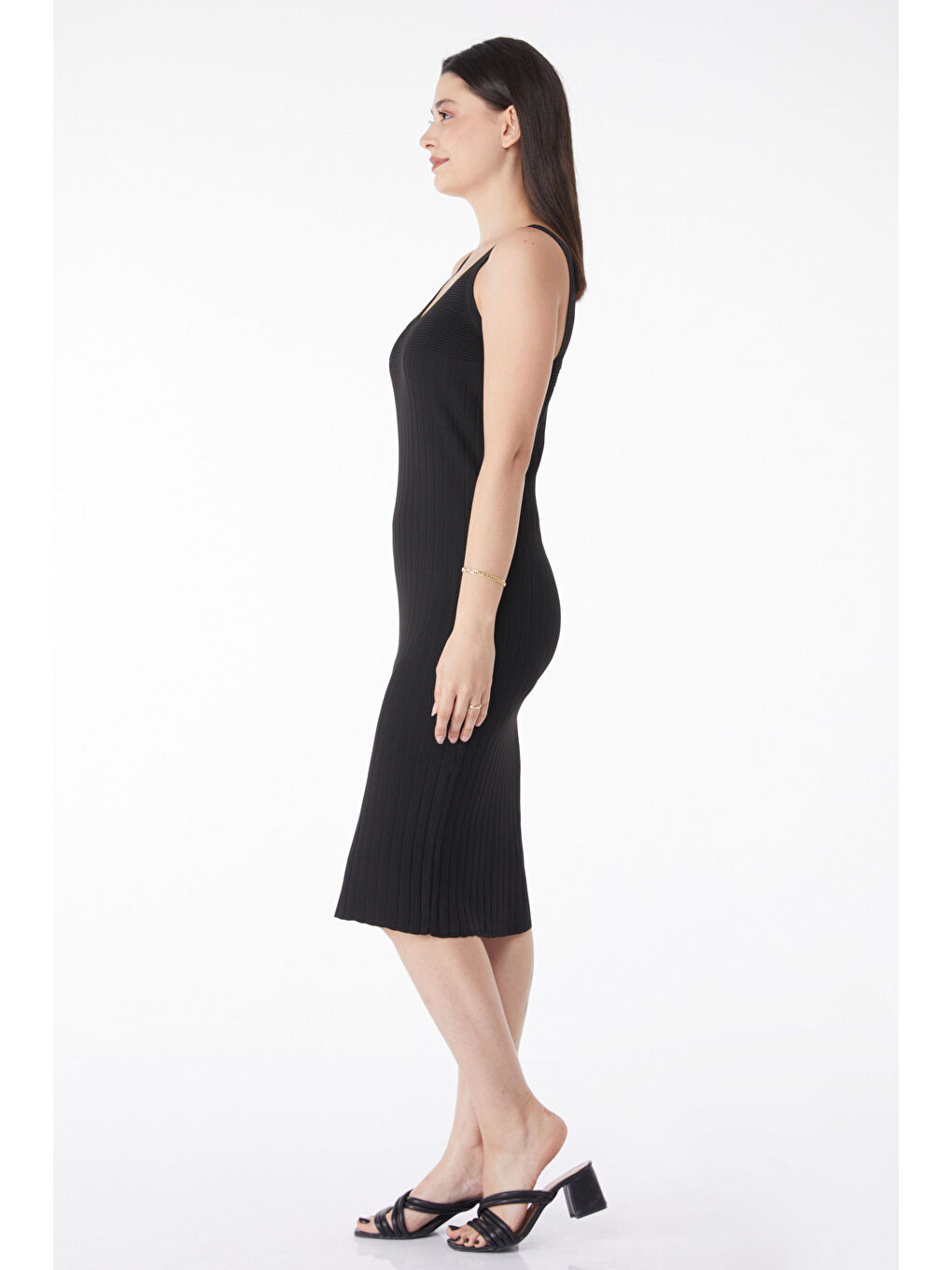 Askılı Midi Triko Elbise Siyah - 27650-3