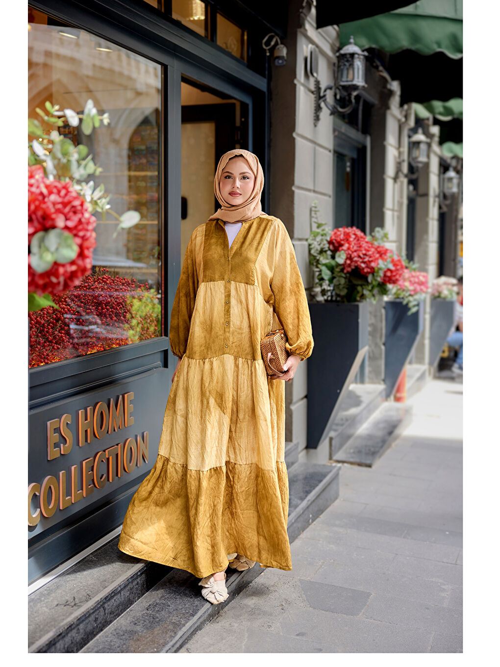 Kadın Tonsürton Desen Elbise Yağ Yeşil-1