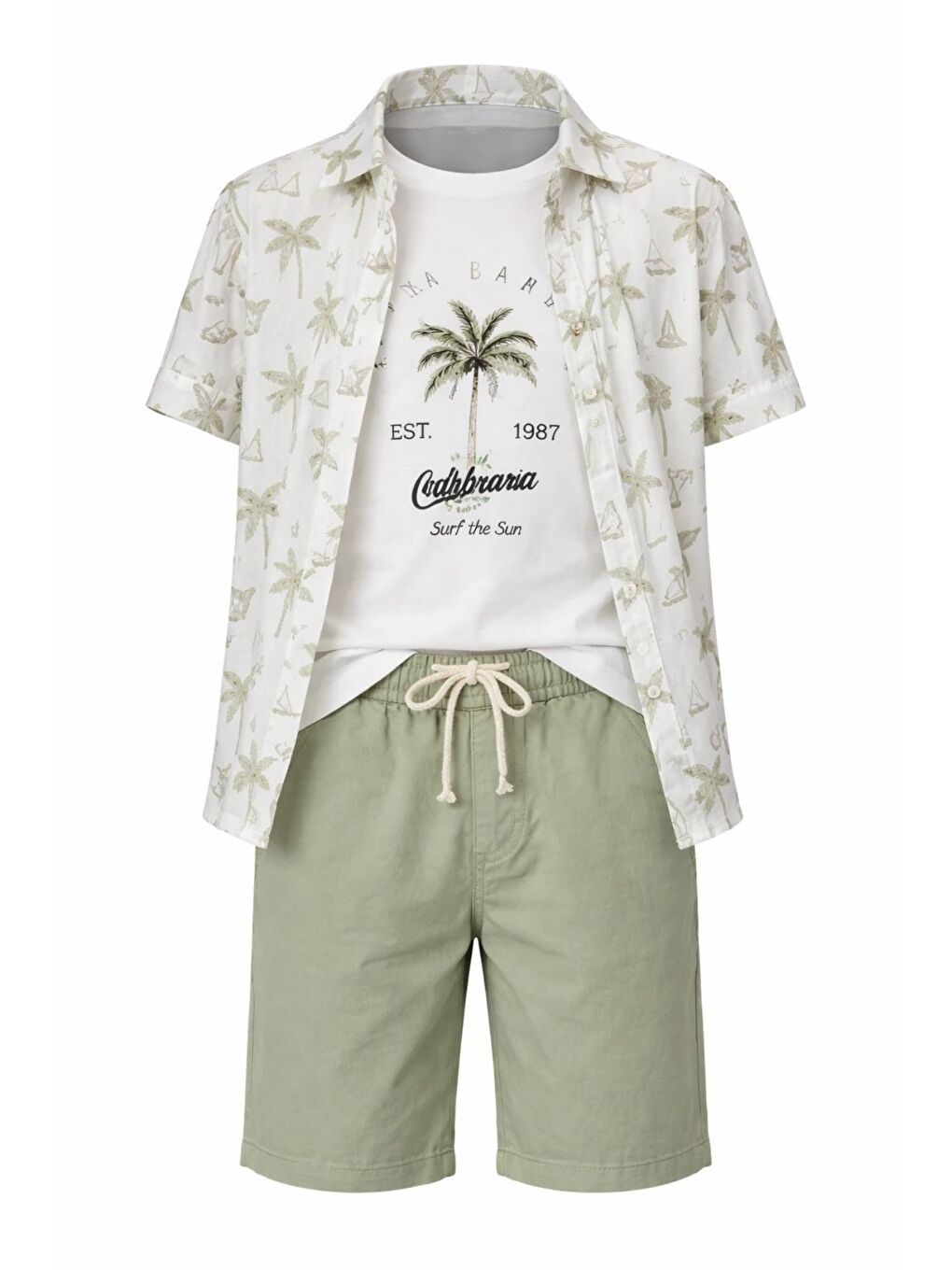 Yeşil Erkek Çocuk Kısa Kol Desenli Gömlek Tişört Şort Üçlü Takım-5