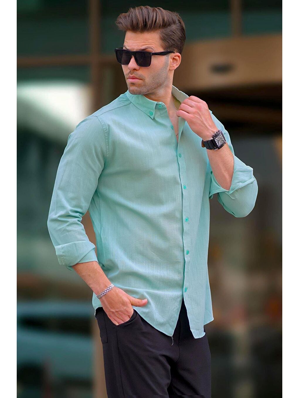 Yeşil Uzun Kollu Pamuklu Keten Görünümlü Erkek %100 Pamuk Gömlek 6743