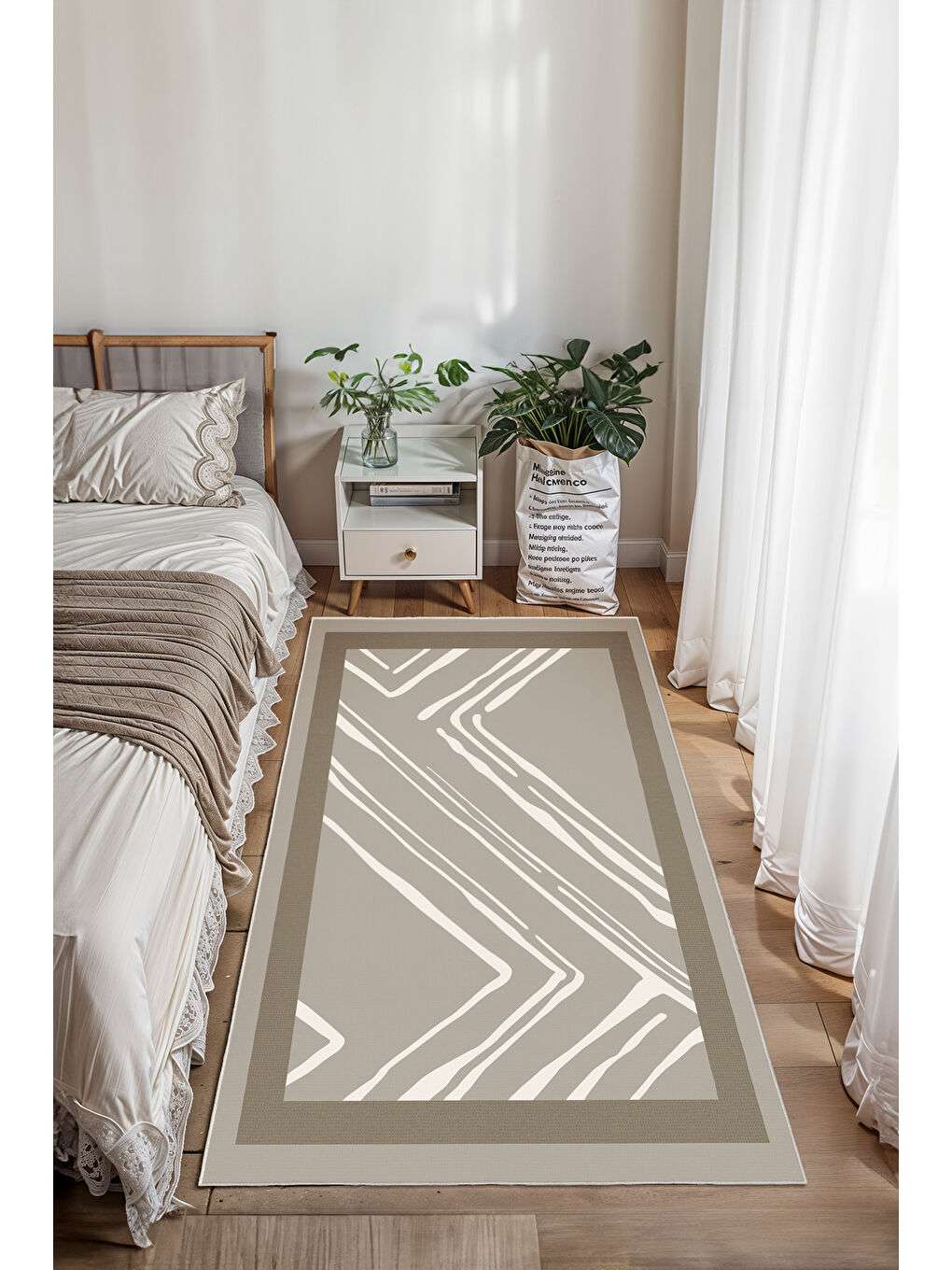 Kahverengi Dekoratif Salon Halısı, Makinada Yıkanabilir, Kaymaz Taban, İnce & Modern Tasarım-2