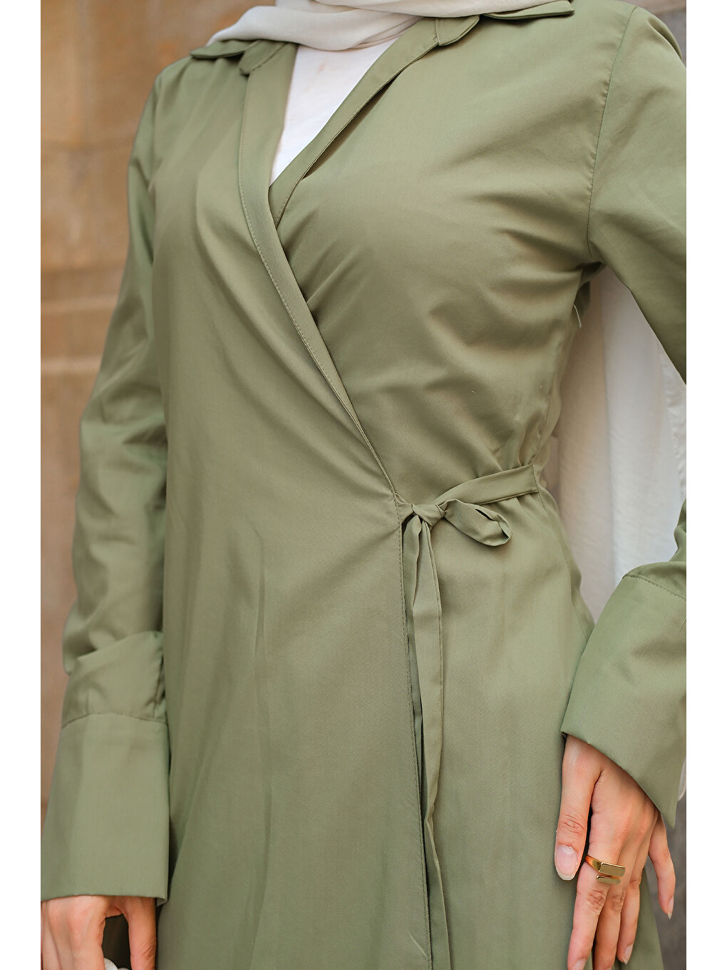 Kadın Poplin Yan Bağlamalı Elbise Haki Yeşil-3