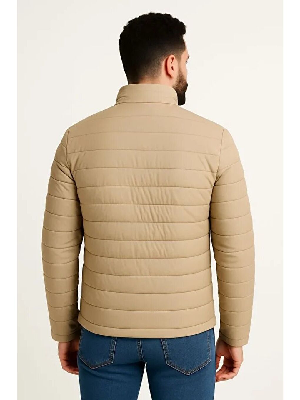 Erkek Mikro Su İtici Kapitone Baskılı Astarlı Fermuarlı Bomber Mont - Bej-2