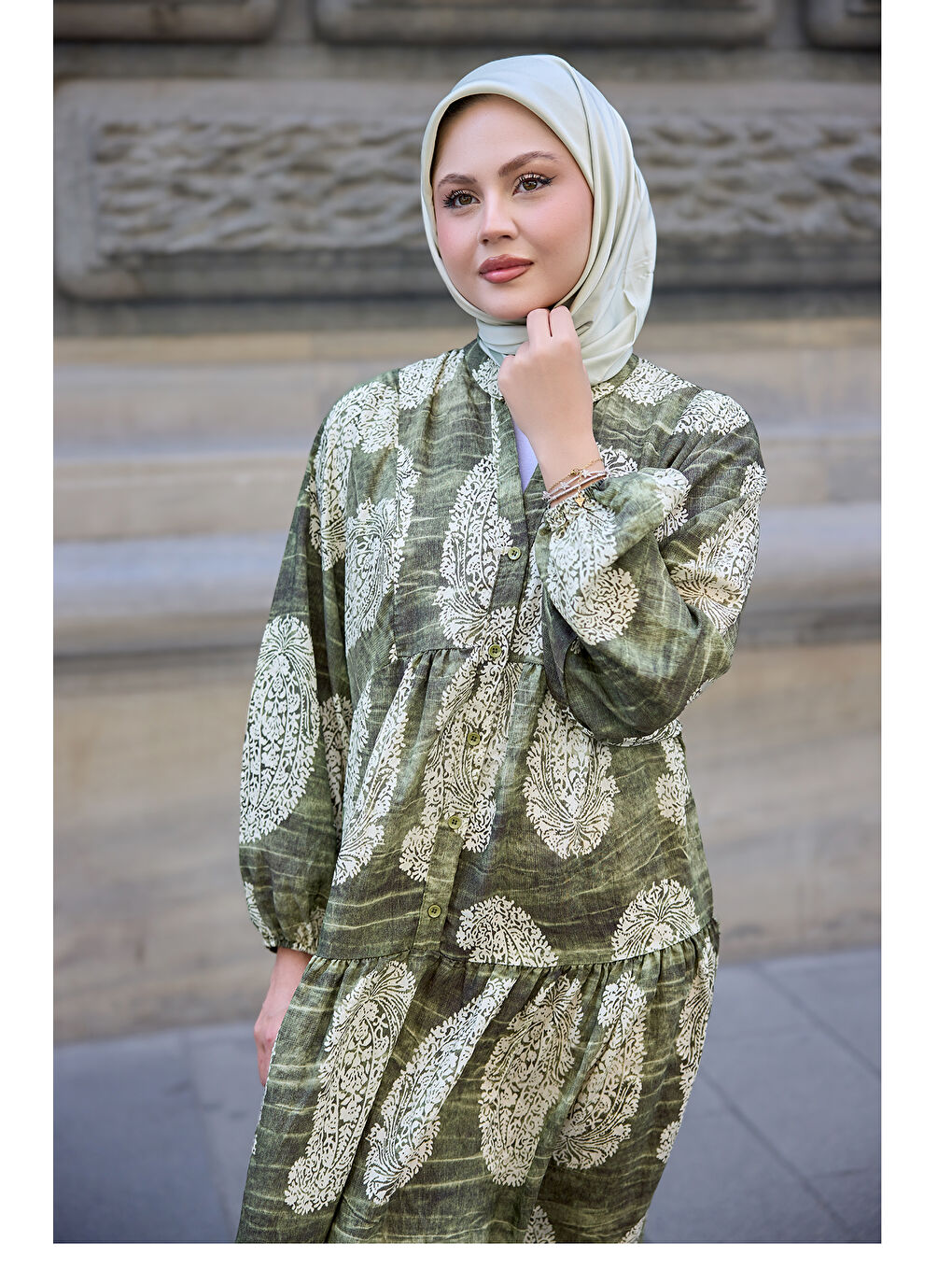 Kadın Bohem Desenli Elbise Haki Yeşil-3