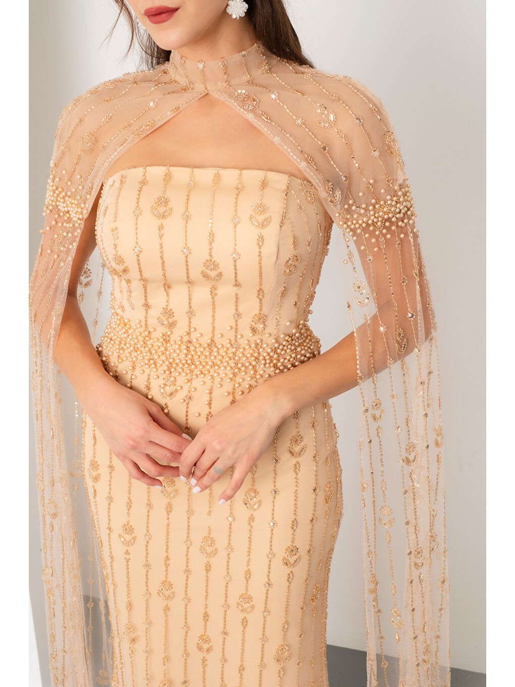 Sarı Kadın Gold Şallı Uzun Kol Dik Yaka Boncuklu Uzun Abiye Elbise-3