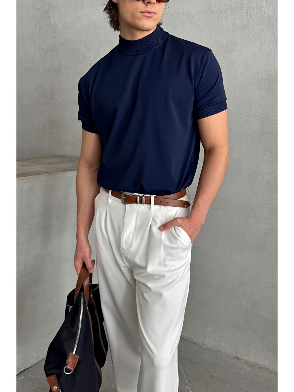 Lacivert Erkek Oversize Yarım Balıkçı Triko T-shirt-1