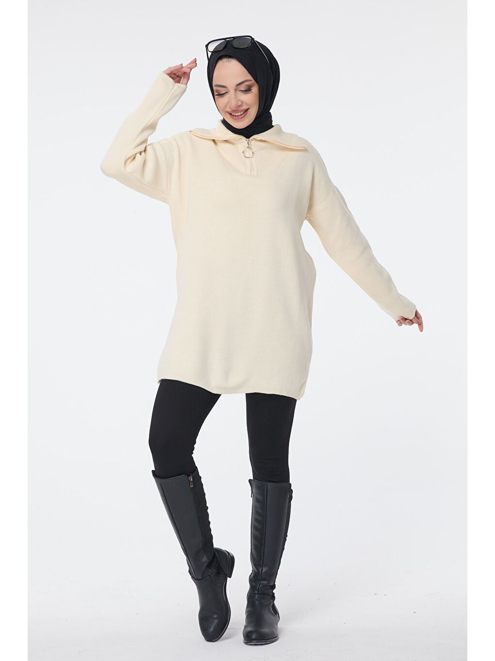 Ekru Fermuarlı Triko Uzun Kazak Krem - 27627-3