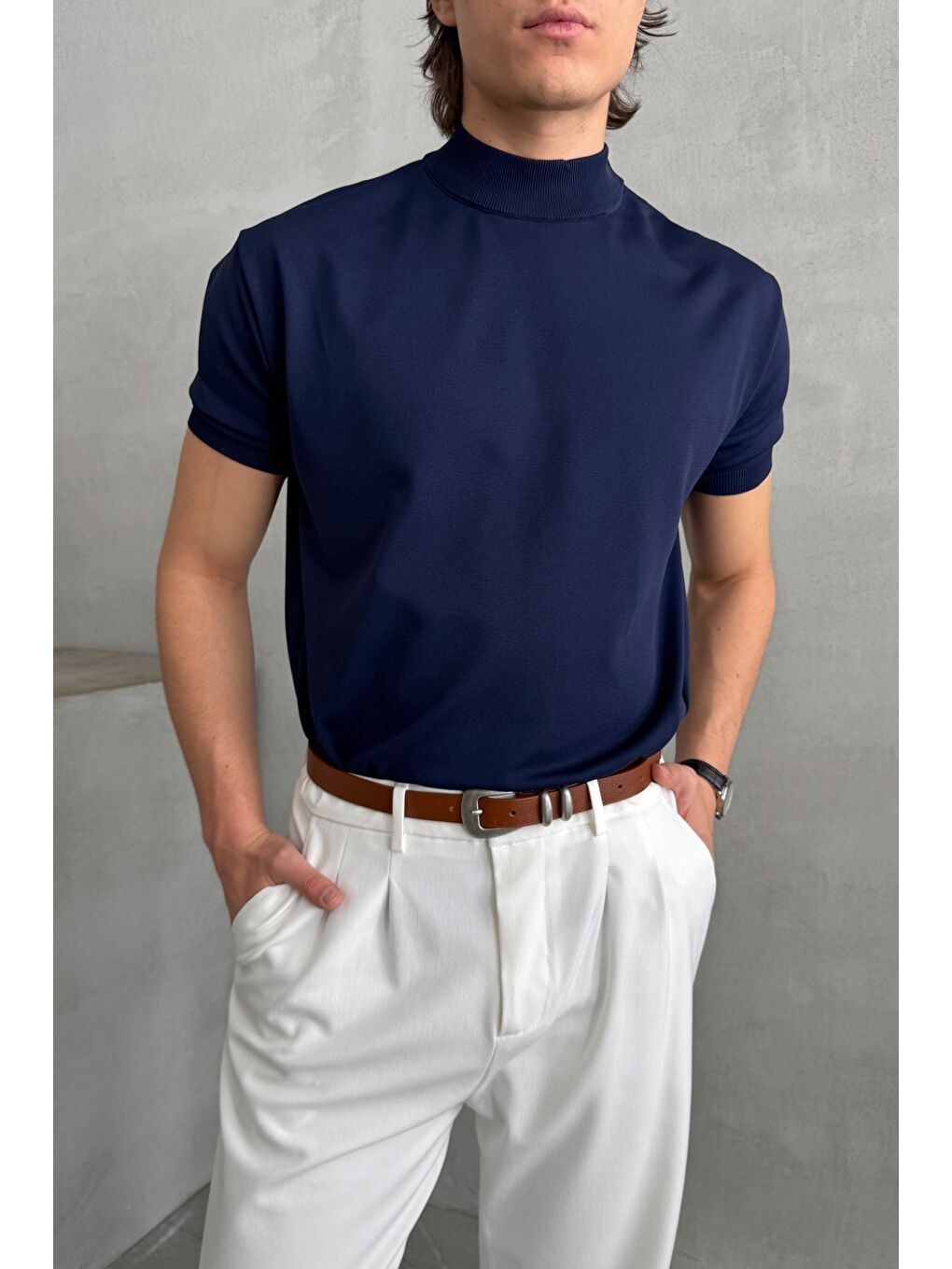 Lacivert Erkek Oversize Yarım Balıkçı Triko T-shirt-2