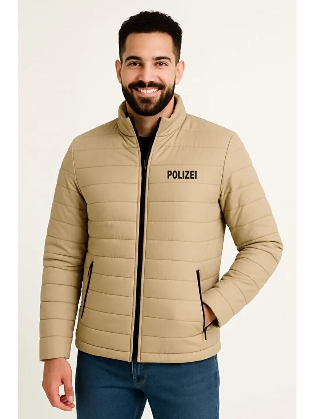 Erkek Mikro Su İtici Kapitone Baskılı Astarlı Fermuarlı Bomber Mont - Bej-3