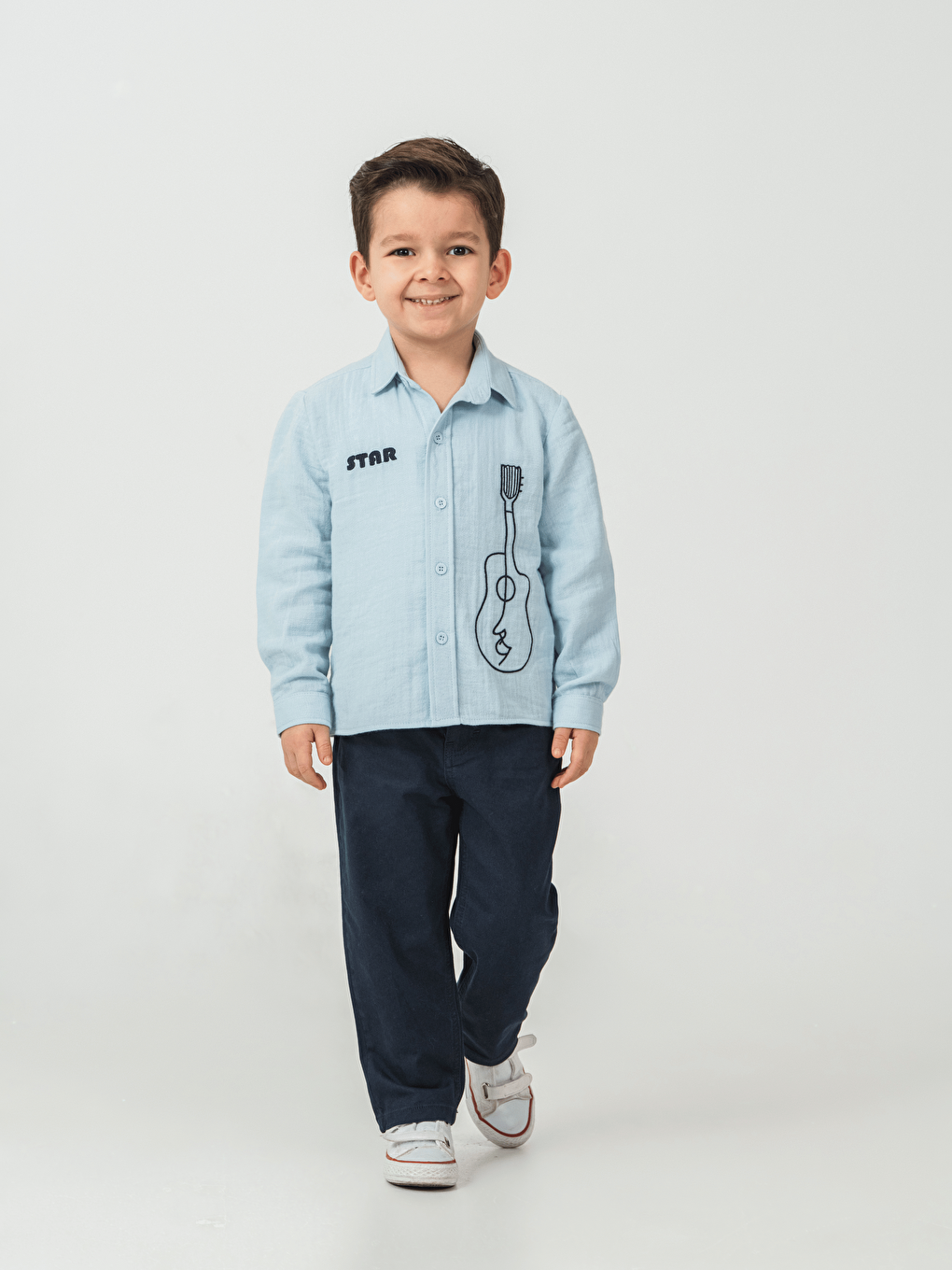 Mavi Pamuklu Gömlek Pantolon Erkek Çocuk 2li Takım-1