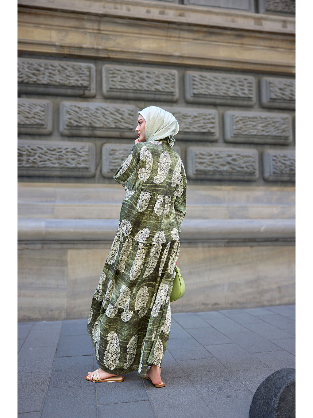 Kadın Bohem Desenli Elbise Haki Yeşil-4