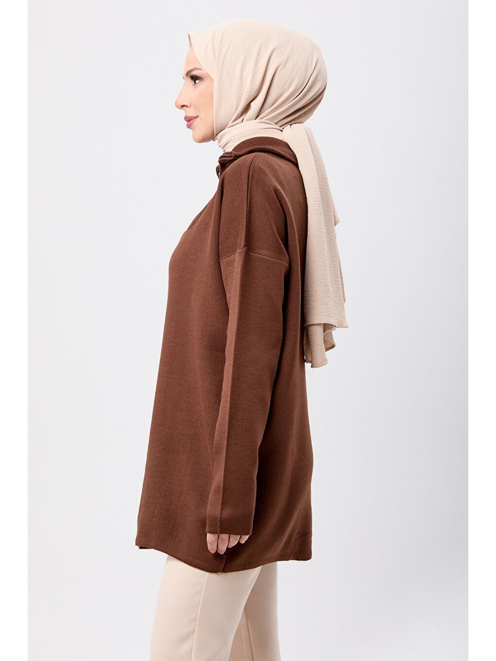 Kahverengi Fermuarlı Triko Uzun Kazak Kahve - 27627-2