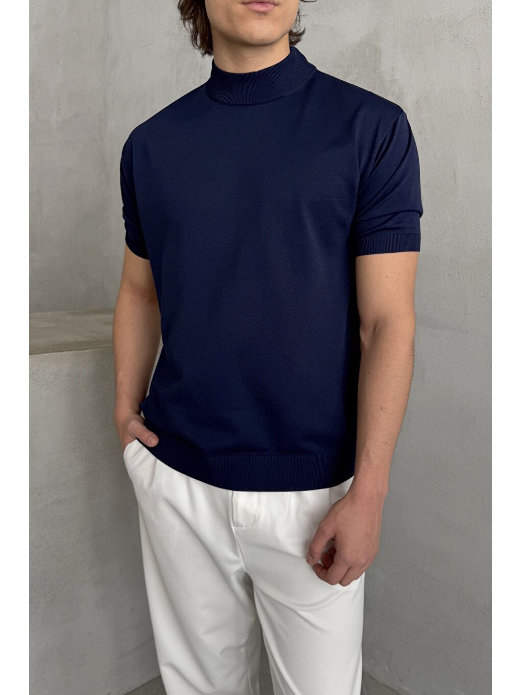 Lacivert Erkek Oversize Yarım Balıkçı Triko T-shirt-3