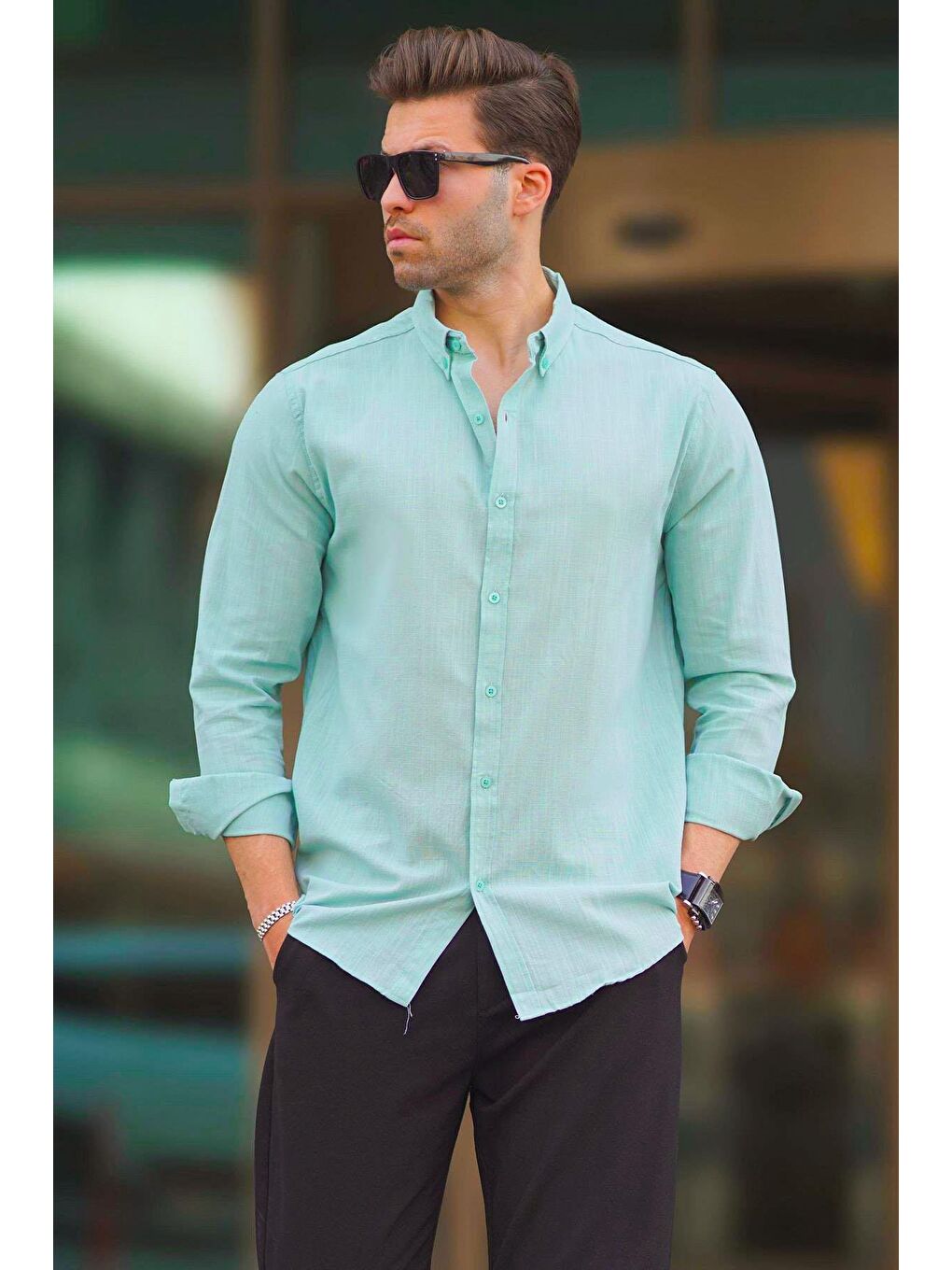 Yeşil Uzun Kollu Pamuklu Keten Görünümlü Erkek %100 Pamuk Gömlek 6743-1