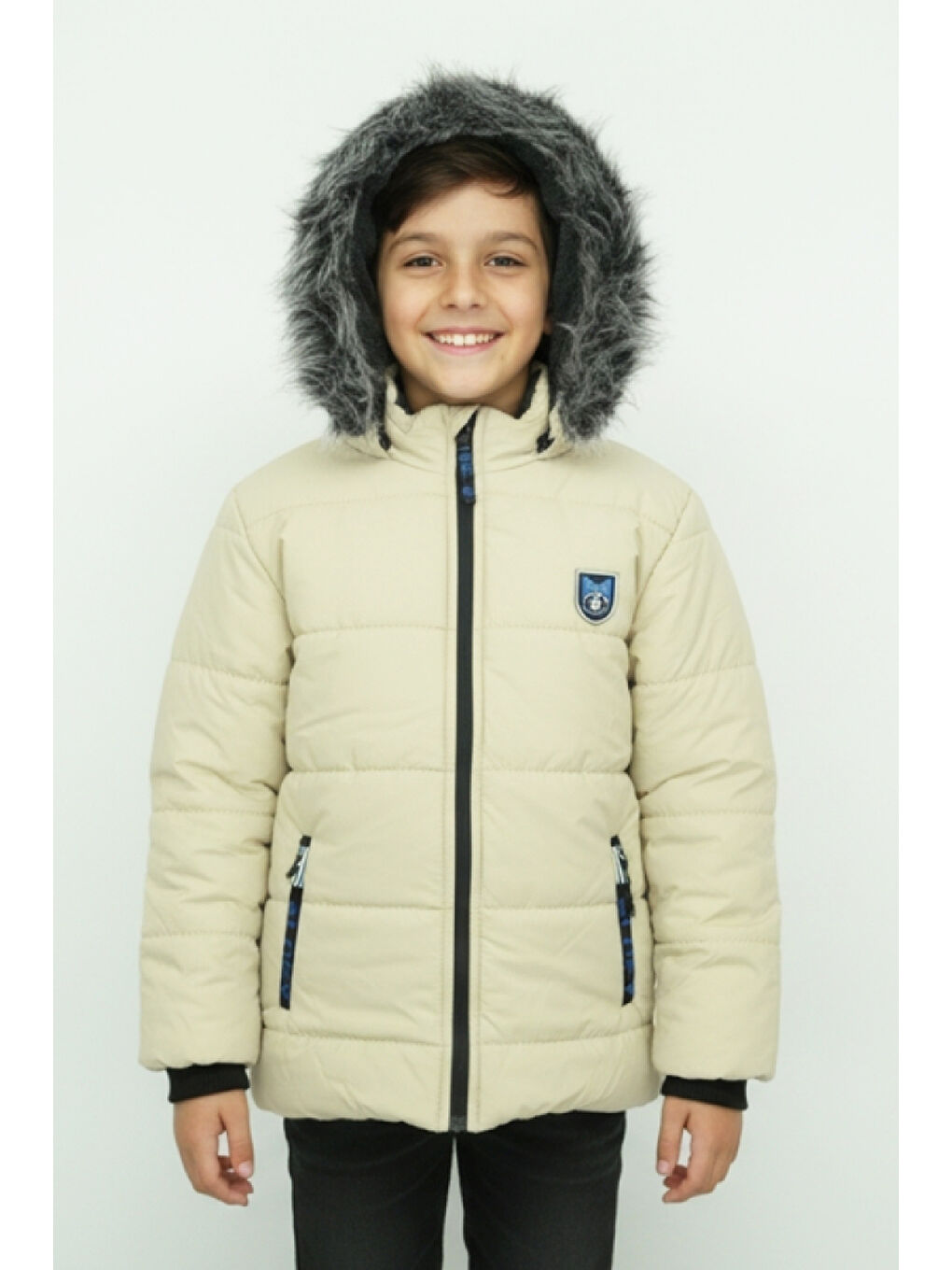 Ekru Erkek Çocuk İçi Pelüş Astarlı-Kürk Kapüşonlu-Fermuarlı Mont 12369