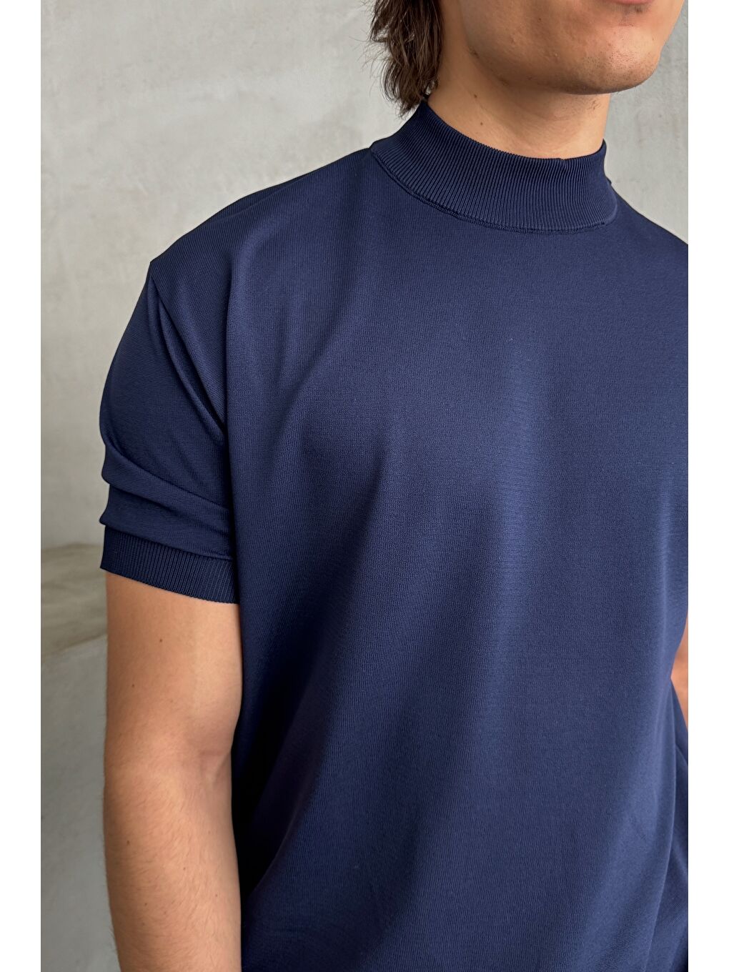 Lacivert Erkek Oversize Yarım Balıkçı Triko T-shirt-4