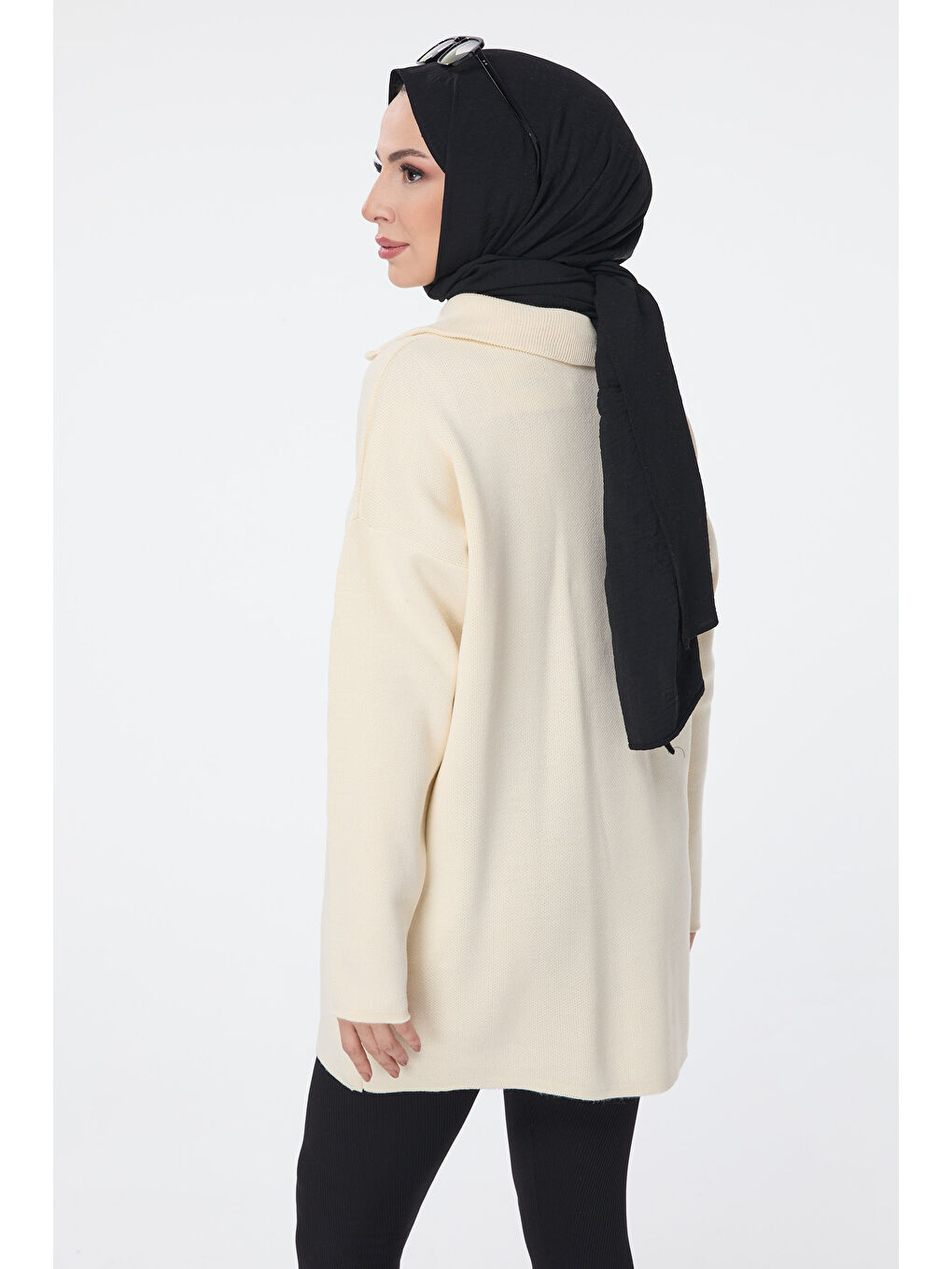 Ekru Fermuarlı Triko Uzun Kazak Krem - 27627-4