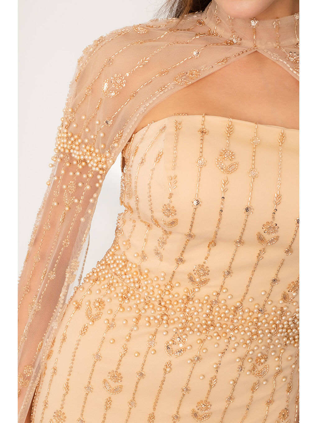 Sarı Kadın Gold Şallı Uzun Kol Dik Yaka Boncuklu Uzun Abiye Elbise-4