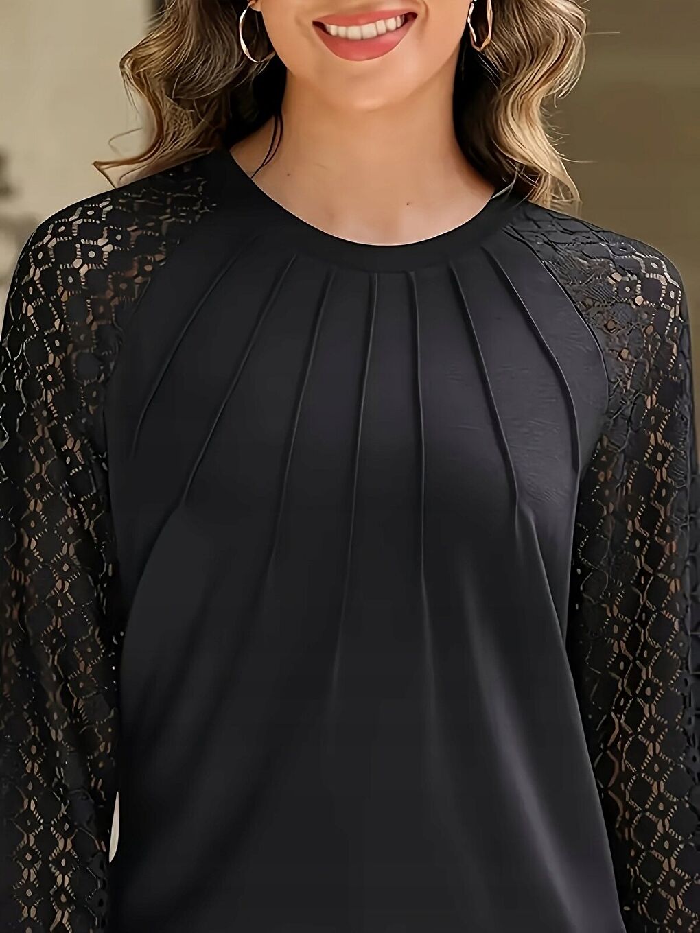 Siyah Kadın Uzun Kollu Yarı Balıkçı Yaka önü Nervürlü Viskon Iki Iplik Bluz-2